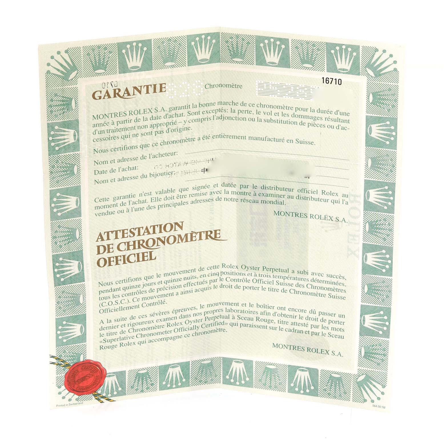 This image shows a warranty and chronometer certification for a Rolex GMT-Master 16710 Men's Stainless Steel Black Dial 16710 Men's Stainless Steel Black Dial model.