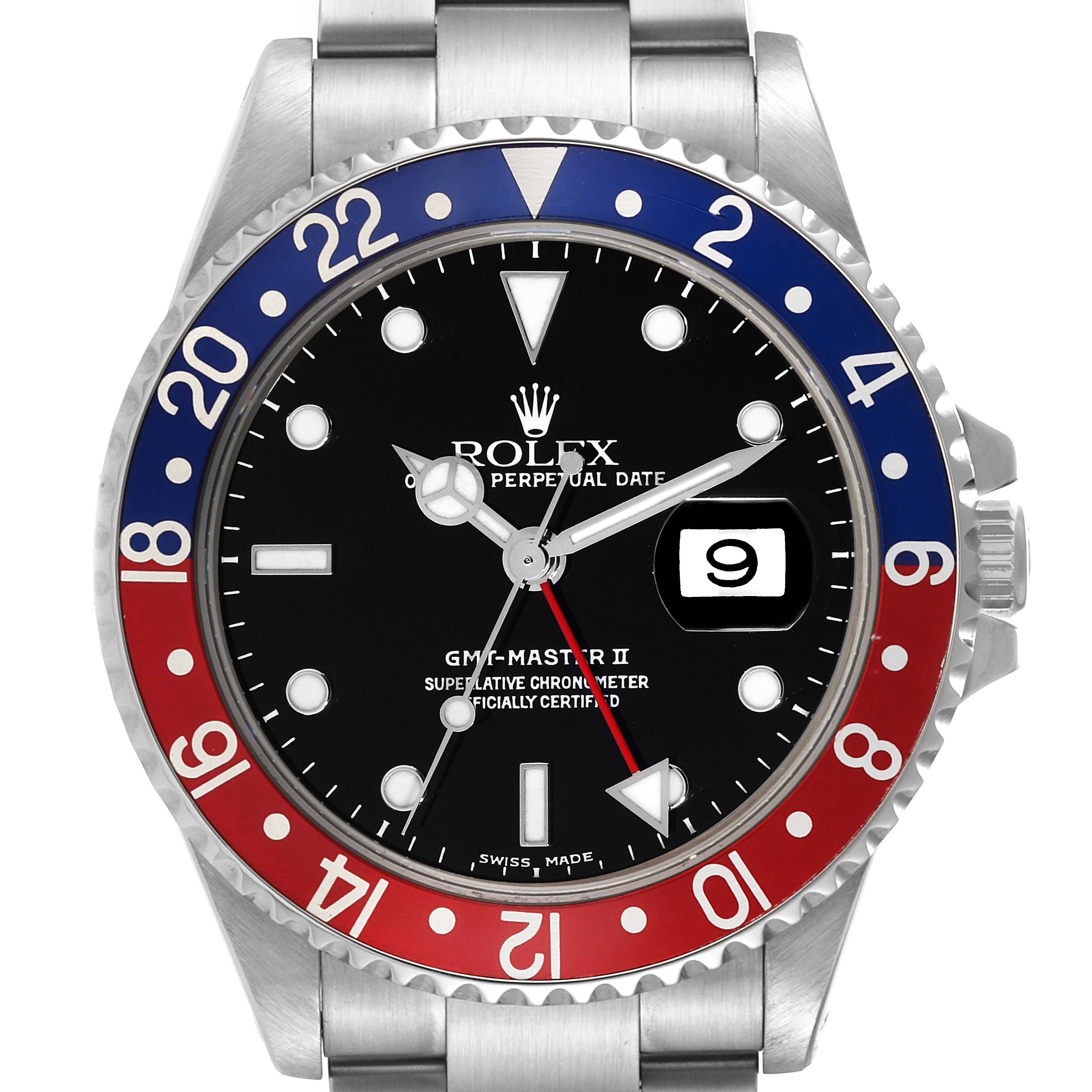 This Rolex GMT-Master 16710 Men's Stainless Steel Black Dial 16710 Men's Stainless Steel Black Dial model watch is shown from the front, displaying its dial, bezel, hands, and part of the bracelet.