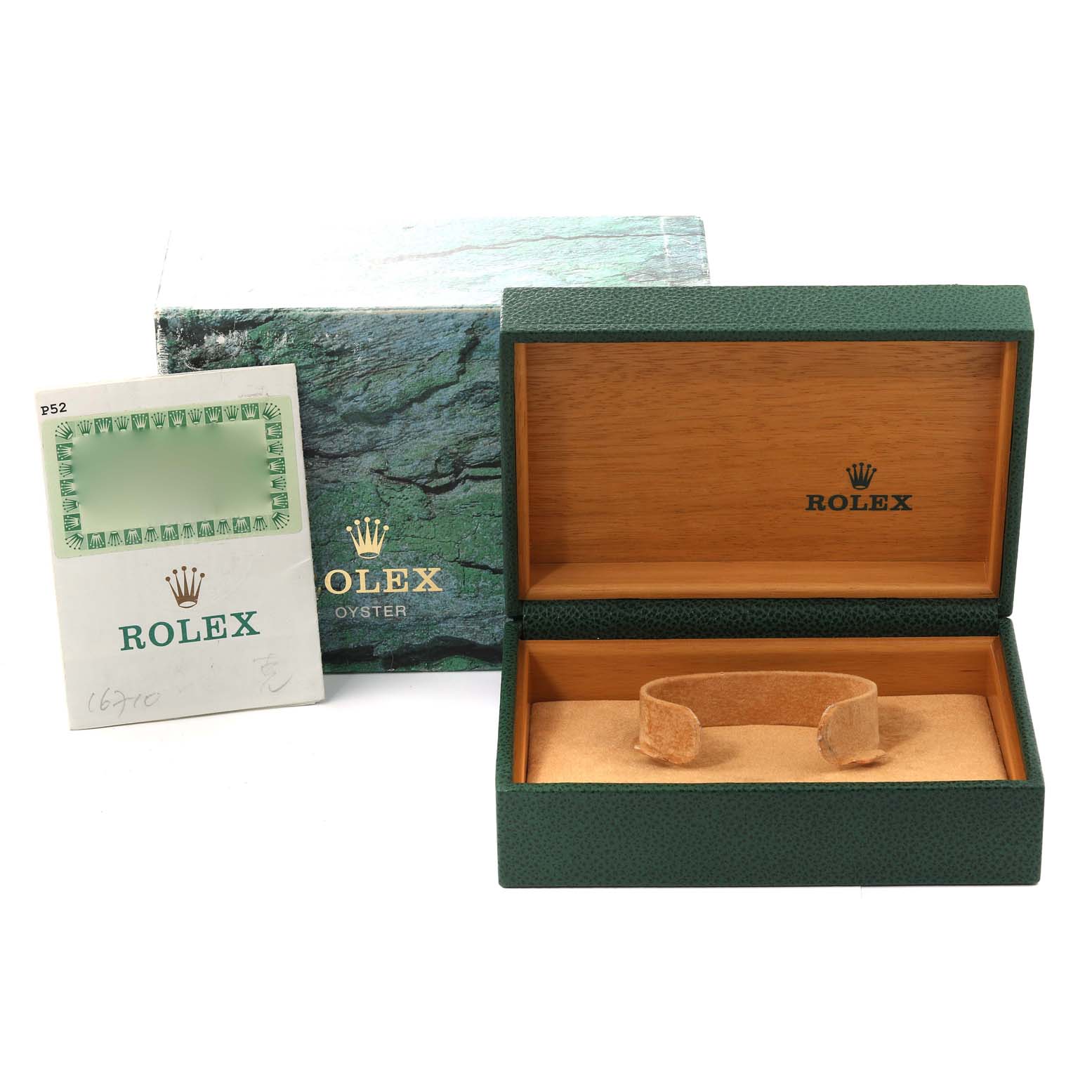 This image shows a Rolex GMT-Master 16710 Men's Stainless Steel Black Dial 16710 Men's Stainless Steel Black Dial watch box, a booklet, and the original outer box at a front angle.