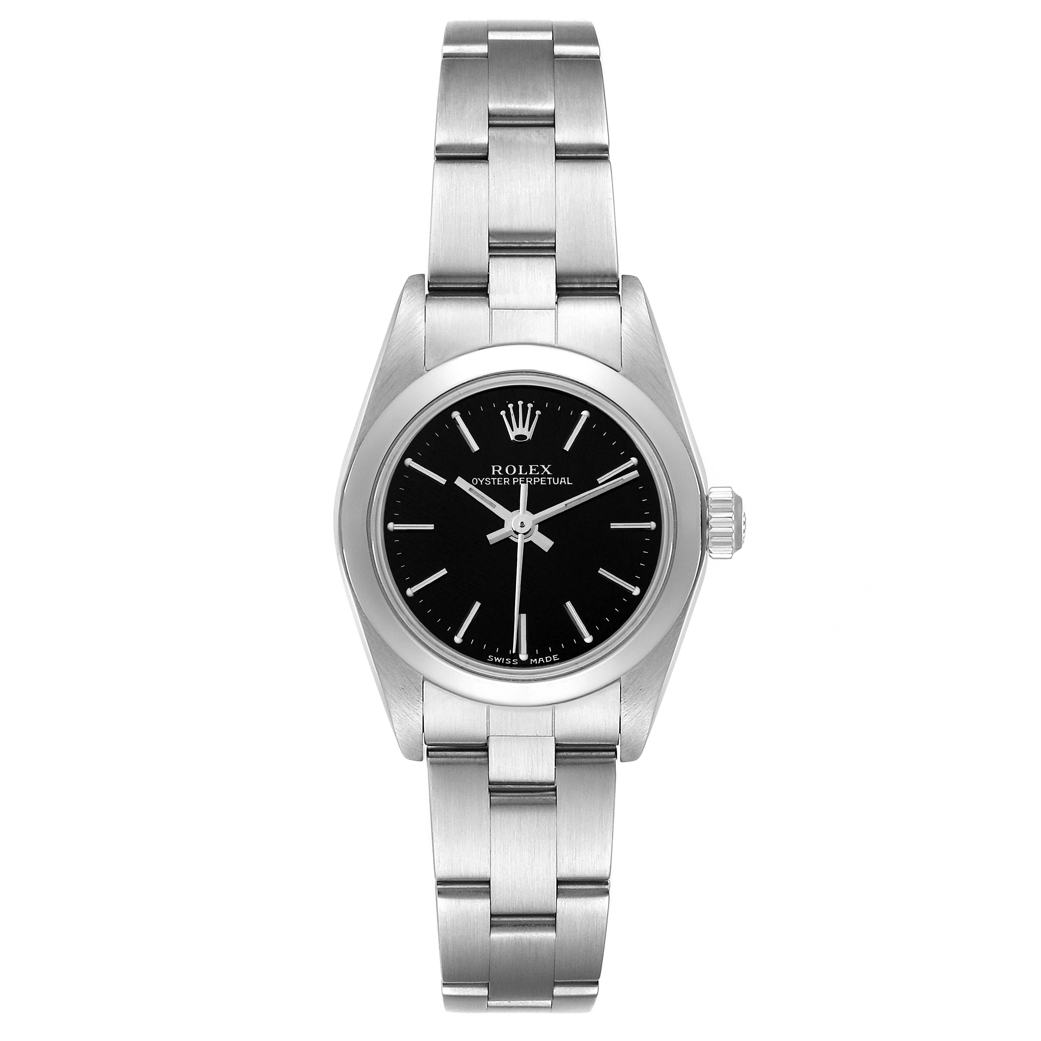 This image shows a frontal view of a Rolex Oyster Perpetual 76080 Women's Stainless Steel Black Dial 76080 Women's Stainless Steel Black Dial watch, highlighting its black dial, bezel, crown, and metal bracelet.