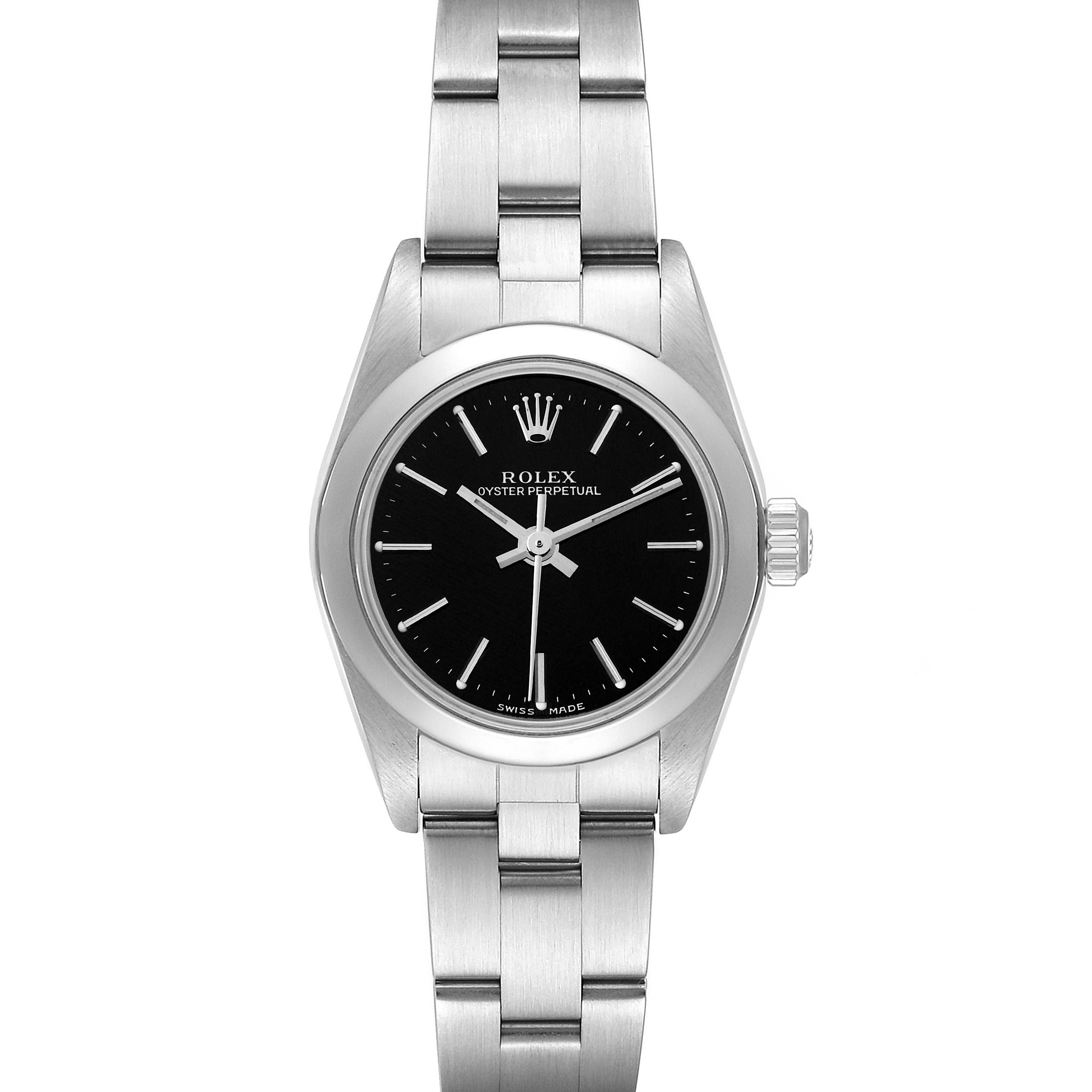 This is a front view of a Rolex Oyster Perpetual 76080 Women's Stainless Steel Black Dial 76080 Women's Stainless Steel Black Dial watch, showing the face, bezel, and bracelet.
