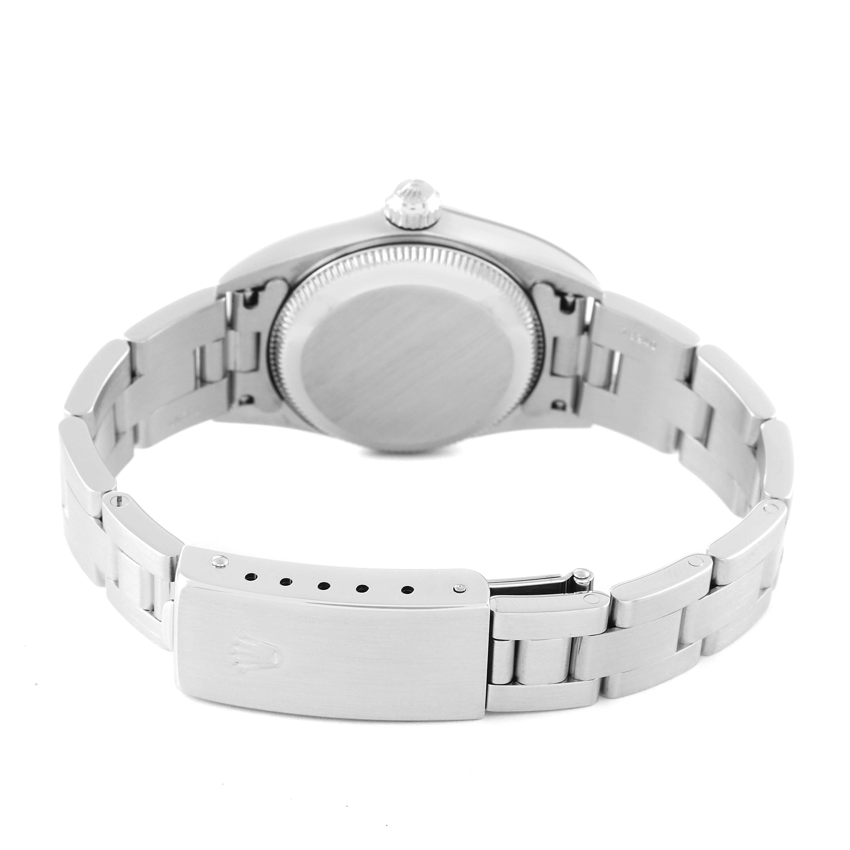 This image shows the back view of a Rolex Oyster Perpetual 76080 Women's Stainless Steel Black Dial 76080 Women's Stainless Steel Black Dial watch, highlighting the case back and bracelet.