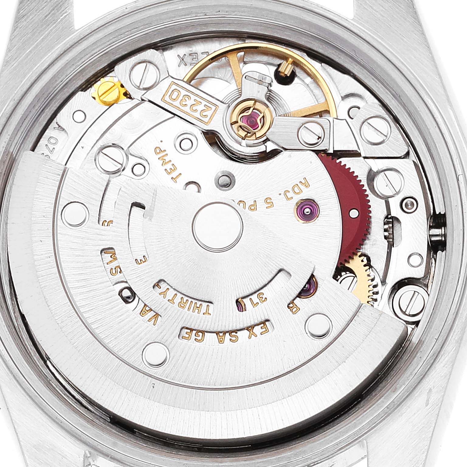 The image shows the intricate internal movement mechanism of a Rolex Oyster Perpetual 76080 Women's Stainless Steel Black Dial 76080 Women's Stainless Steel Black Dial watch from a top-view angle.