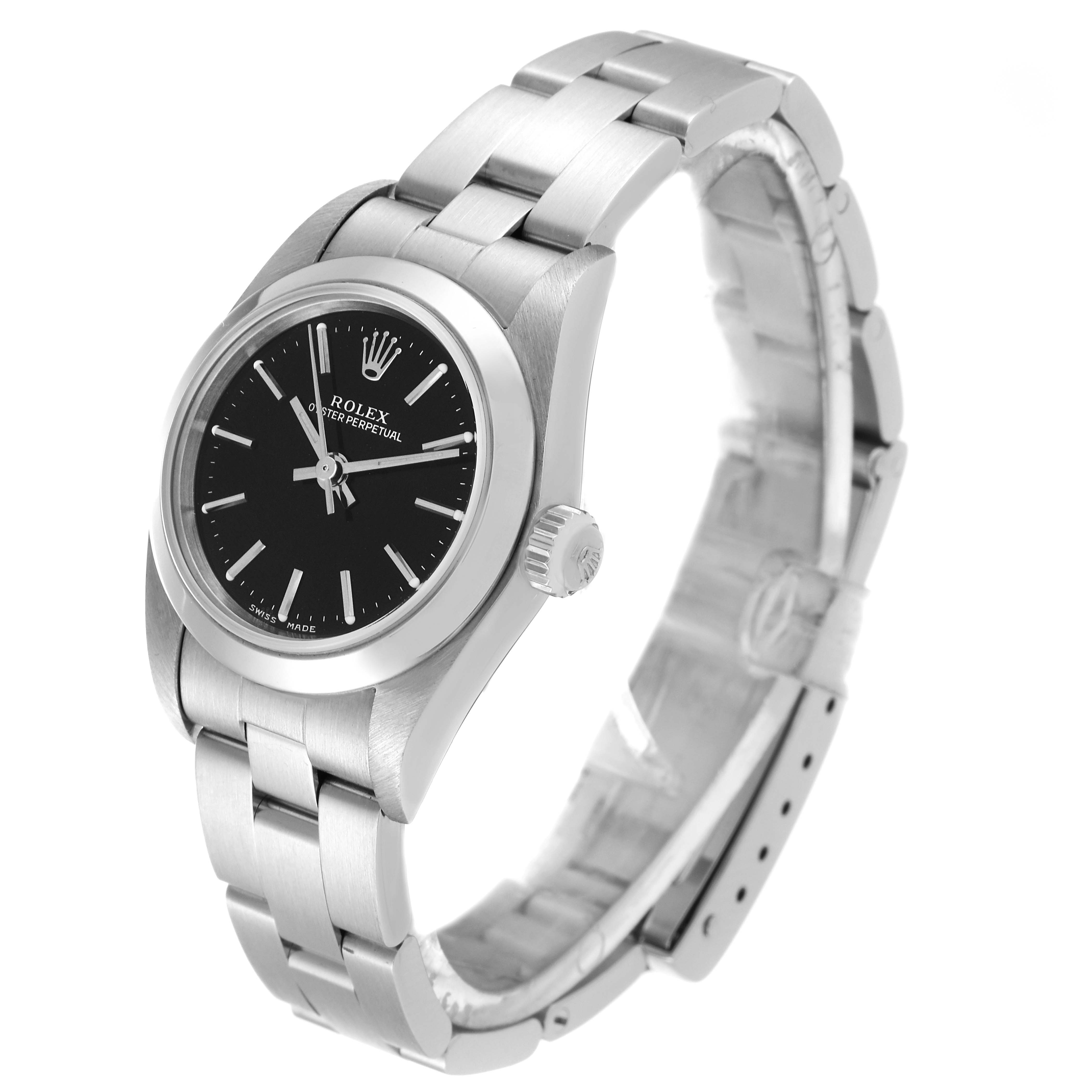 The Rolex Oyster Perpetual 76080 Women's Stainless Steel Black Dial 76080 Women's Stainless Steel Black Dial watch is shown at a three-quarter angle with its bracelet, crown, and black dial visible.