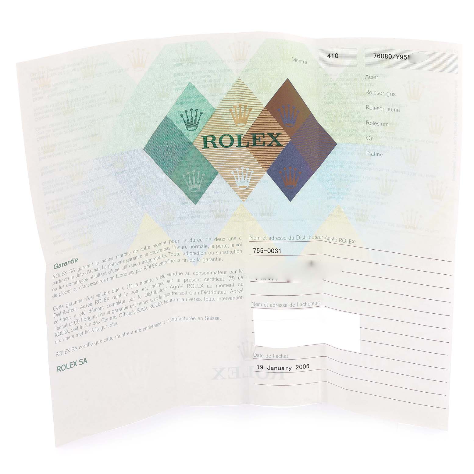 This image displays the warranty and certification card for the Rolex Oyster Perpetual 76080 Women's Stainless Steel Black Dial 76080 Women's Stainless Steel Black Dial model.