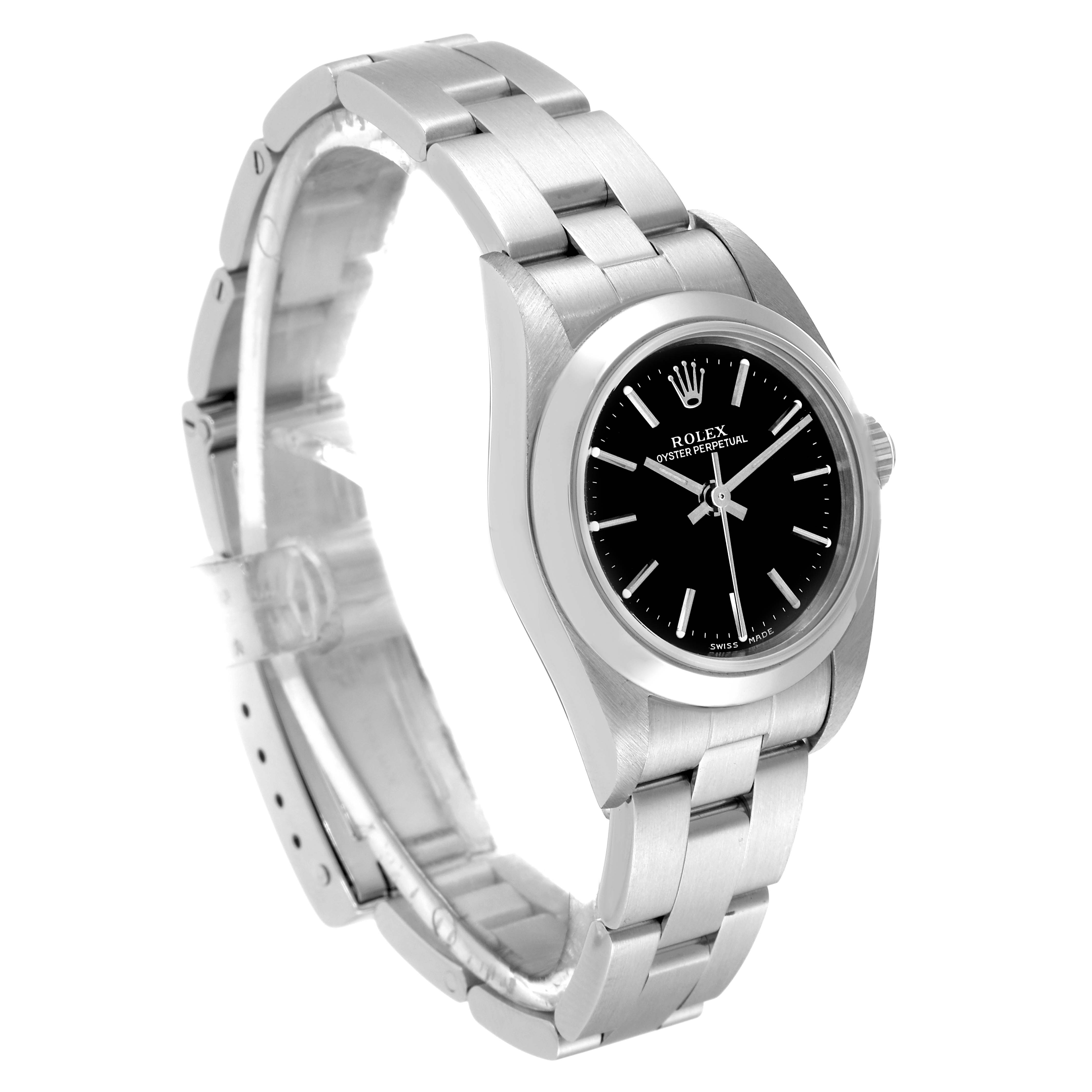 The Rolex Oyster Perpetual 76080 Women's Stainless Steel Black Dial 76080 Women's Stainless Steel Black Dial watch is shown at a 3/4 angle, highlighting the face, bracelet, and clasp.