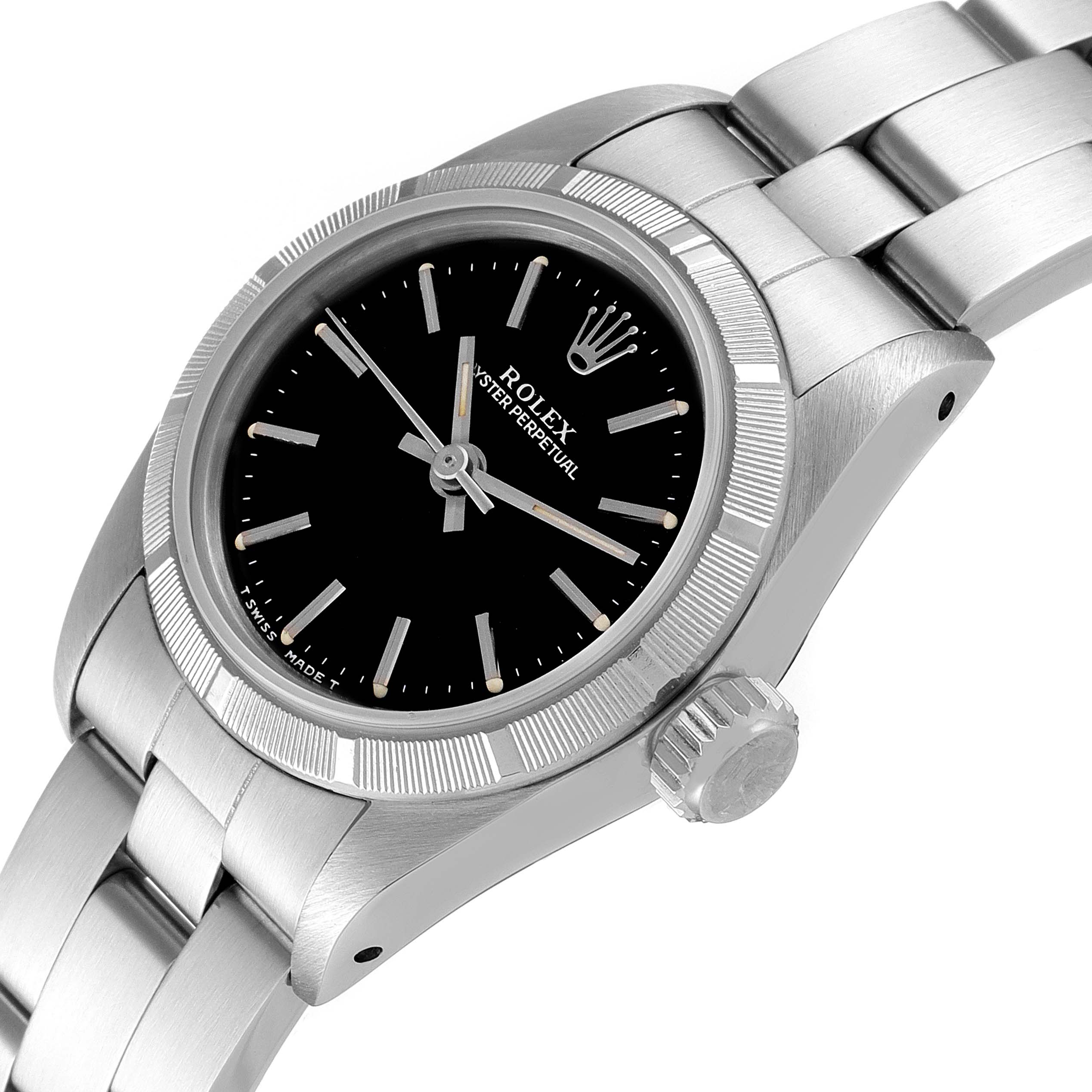 This image shows a close-up angle of the Rolex Oyster Perpetual 67230 Women's Stainless Steel Black Dial 67230 Women's Stainless Steel Black Dial watch, highlighting its dial, bezel, crown, and part of the bracelet.