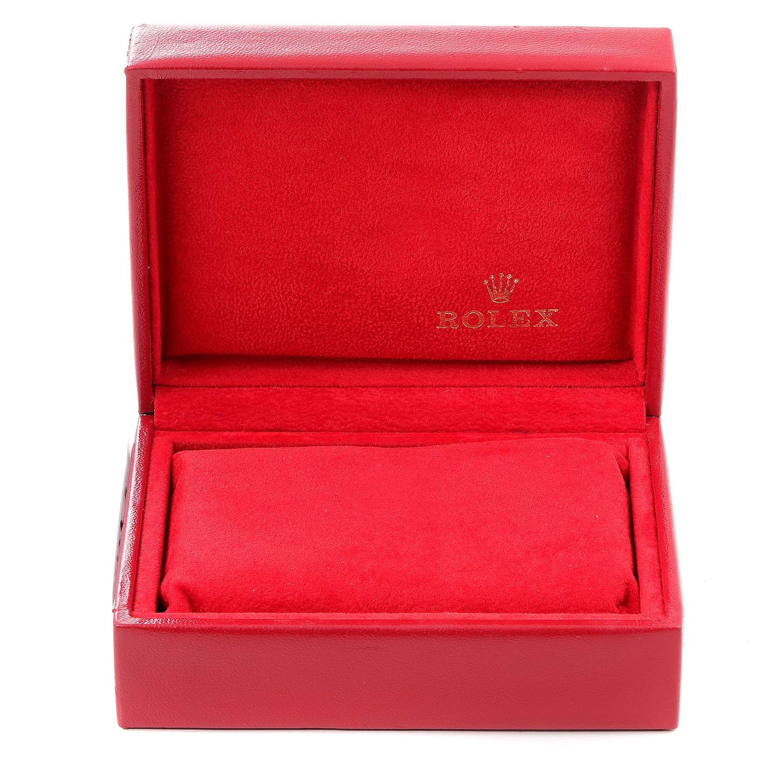This is a red Rolex Oyster Perpetual 67230 Women's Stainless Steel Black Dial 67230 Women's Stainless Steel Black Dial watch box shown from the front angle, opened to display the inside.