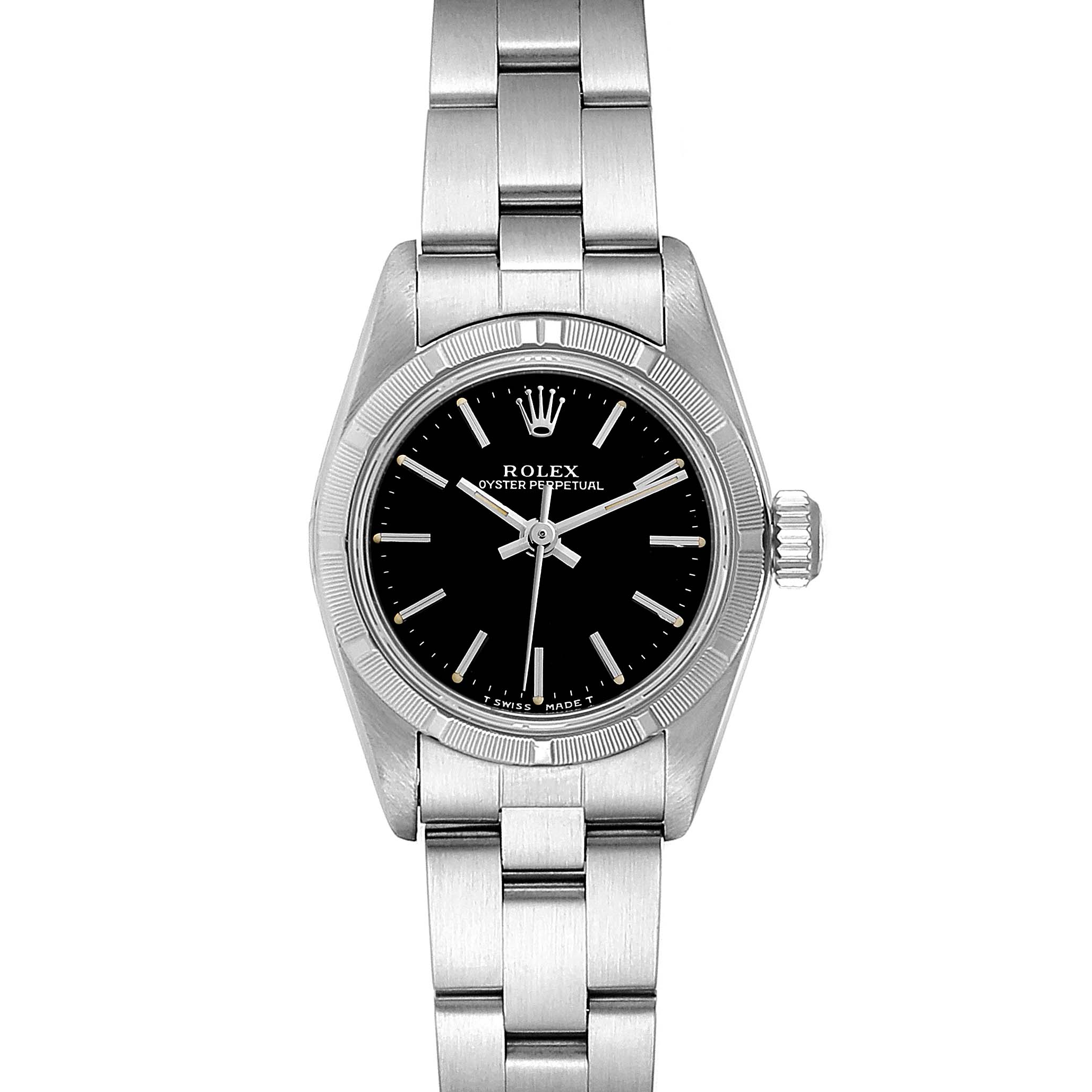 This image shows a front view of the Rolex Oyster Perpetual 67230 Women's Stainless Steel Black Dial 67230 Women's Stainless Steel Black Dial watch, highlighting its black dial, stainless steel case, and bracelet.