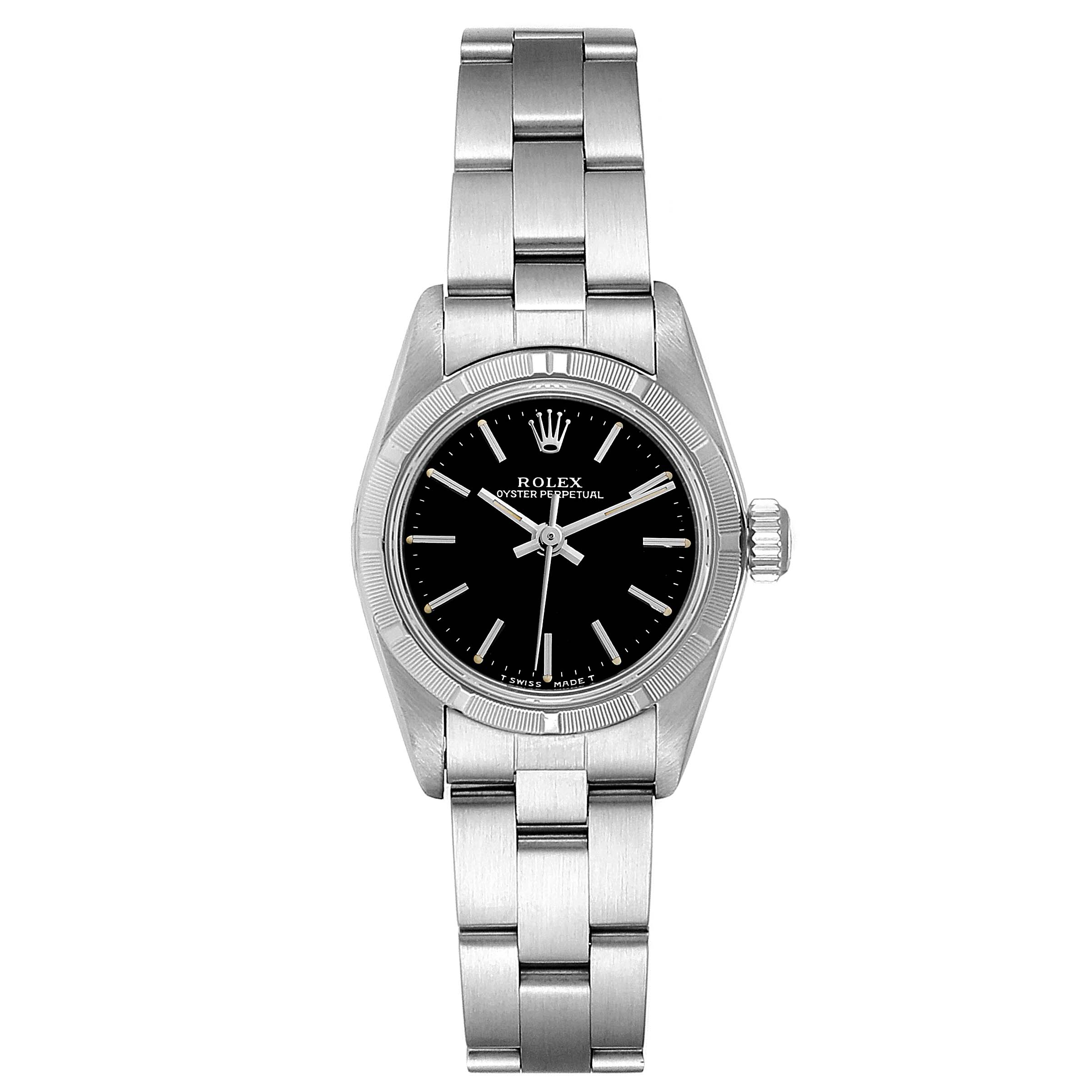 This image shows a front view of a Rolex Oyster Perpetual 67230 Women's Stainless Steel Black Dial 67230 Women's Stainless Steel Black Dial watch, highlighting the black dial and stainless steel bracelet.