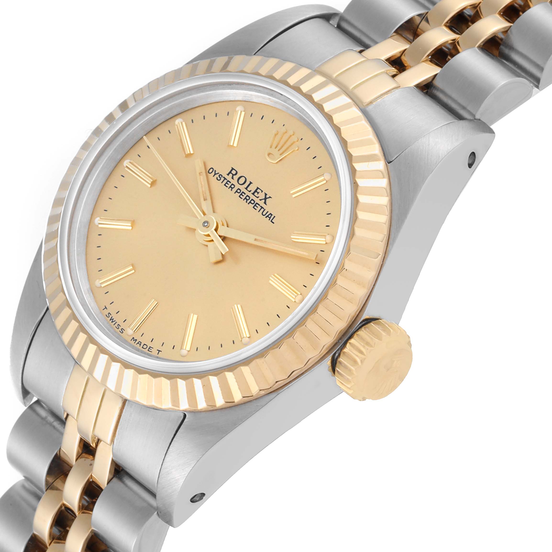 This image shows the Rolex Oyster Perpetual 67193 Women's Steel and Gold (two tone) Champagne Dial 67193 Women's Steel and Gold (two tone) Champagne Dial watch at a three-quarter angle, highlighting the dial, crown, and bi-tone bracelet.