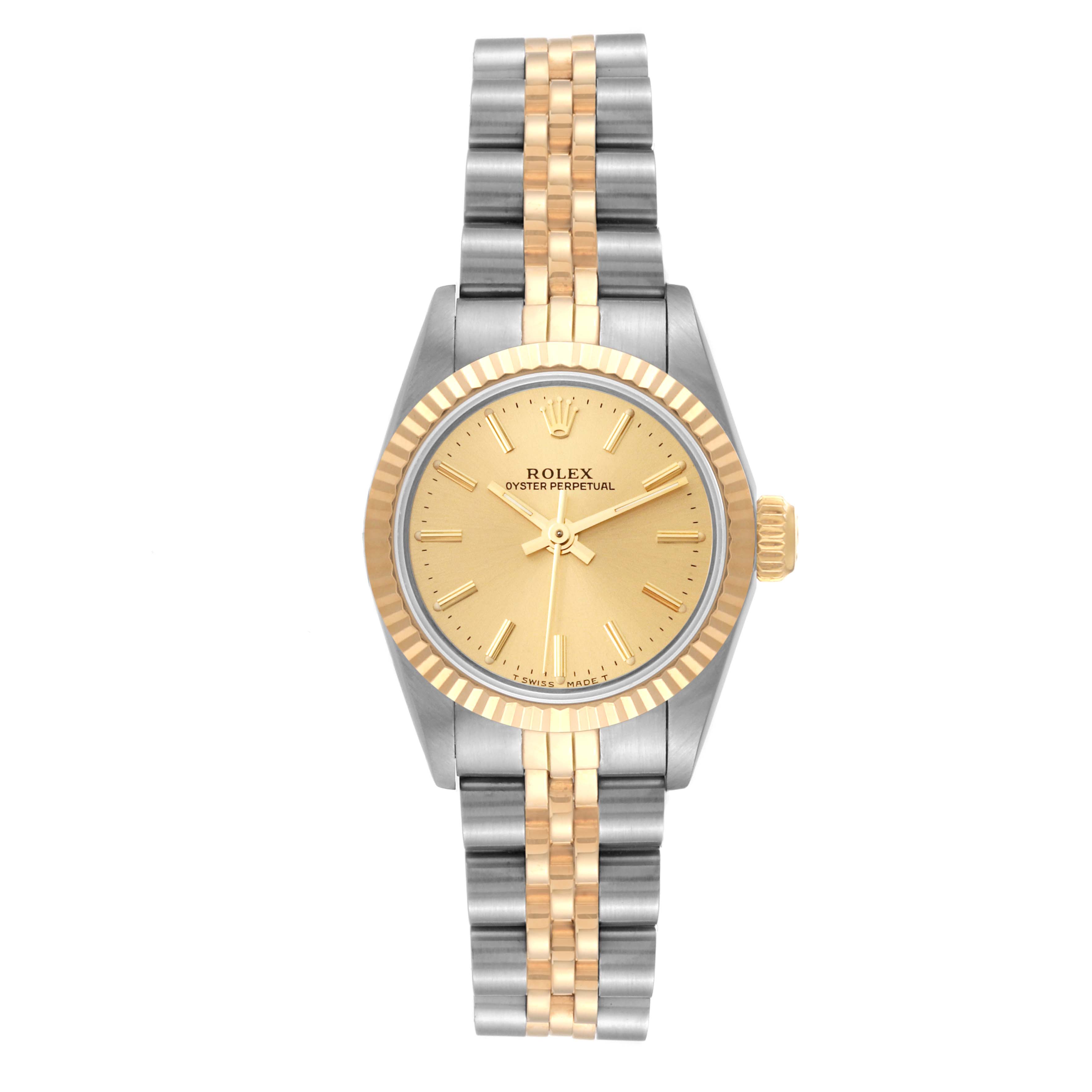 This image shows a front view of the Rolex Oyster Perpetual 67193 Women's Steel and Gold (two tone) Champagne Dial 67193 Women's Steel and Gold (two tone) Champagne Dial watch, highlighting its dial, bezel, and a two-tone metal bracelet.
