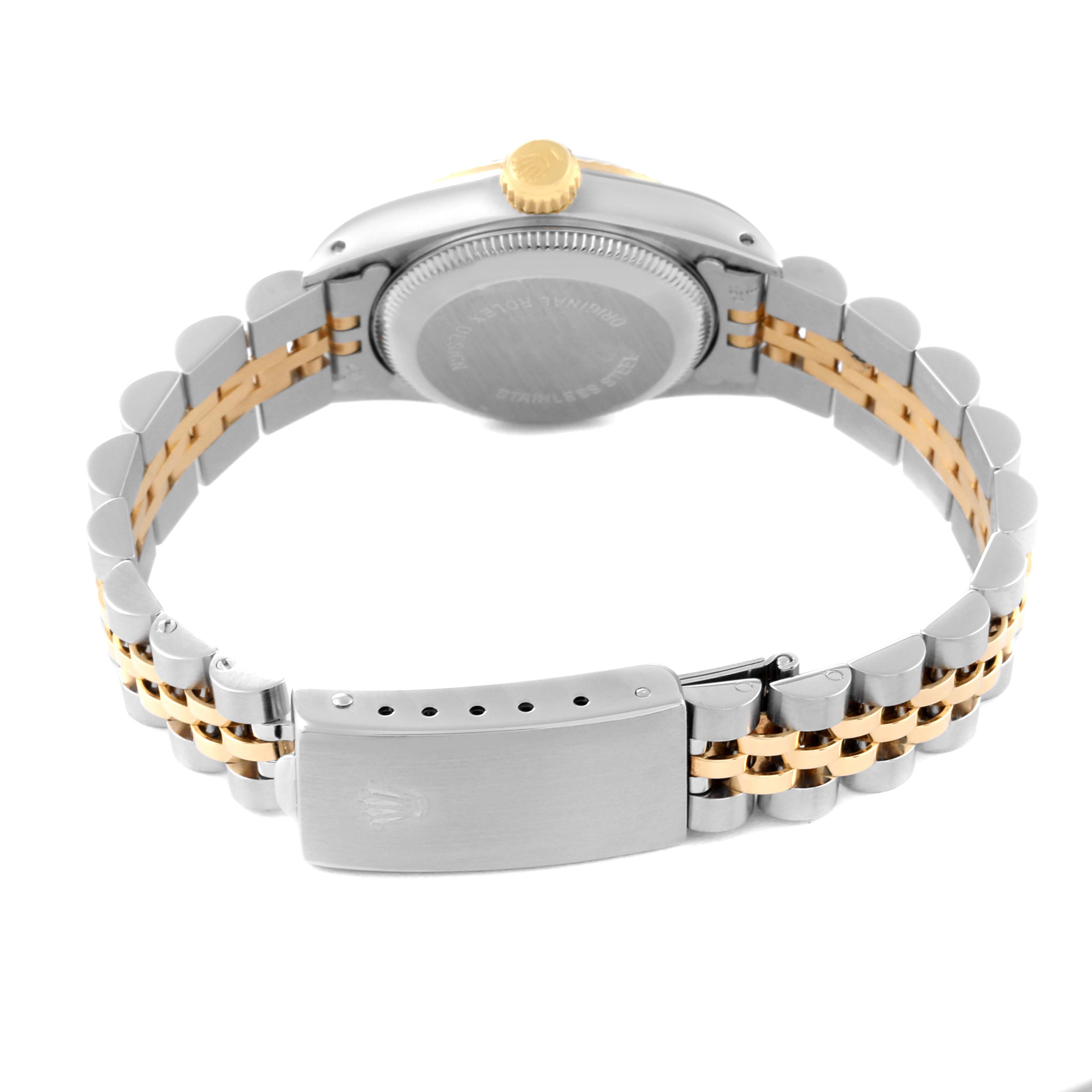 The image shows the back view of a Rolex Oyster Perpetual 67193 Women's Steel and Gold (two tone) Champagne Dial 67193 Women's Steel and Gold (two tone) Champagne Dial watch, focusing on the case back and bracelet with an open clasp.