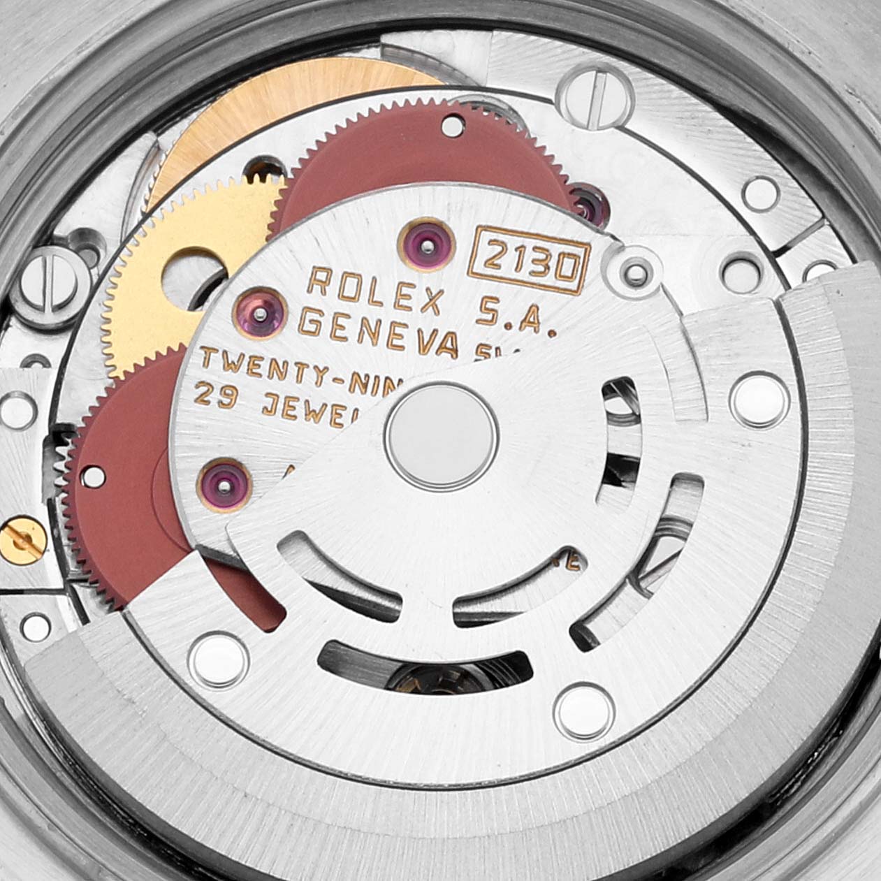 The image shows the internal mechanical movement of the Rolex Oyster Perpetual 67193 Women's Steel and Gold (two tone) Champagne Dial 67193 Women's Steel and Gold (two tone) Champagne Dial watch from a close-up angle.