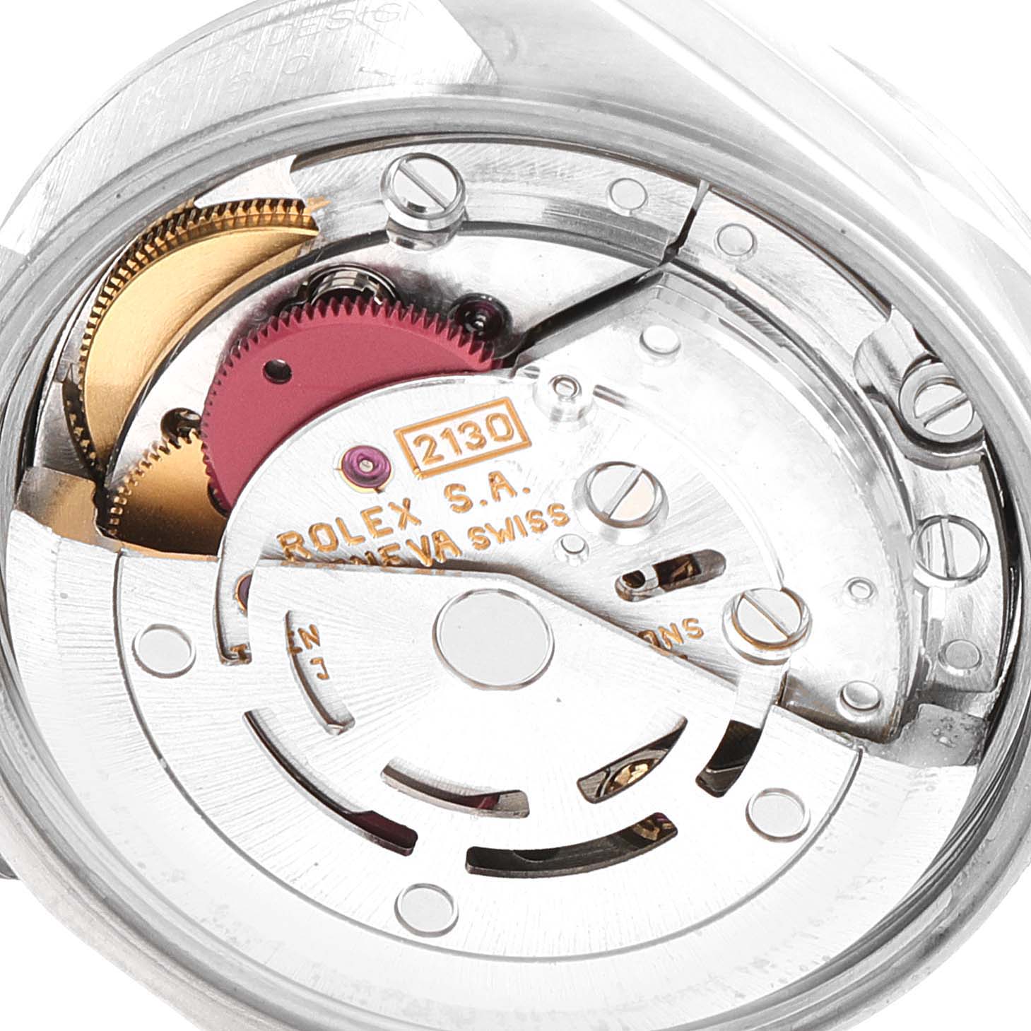 This image shows the internal mechanical movement of a Rolex Oyster Perpetual 67180 Women
s Stainless Steel Pink Dial 67180 Women
s Stainless Steel Pink Dial watch, model 2130.