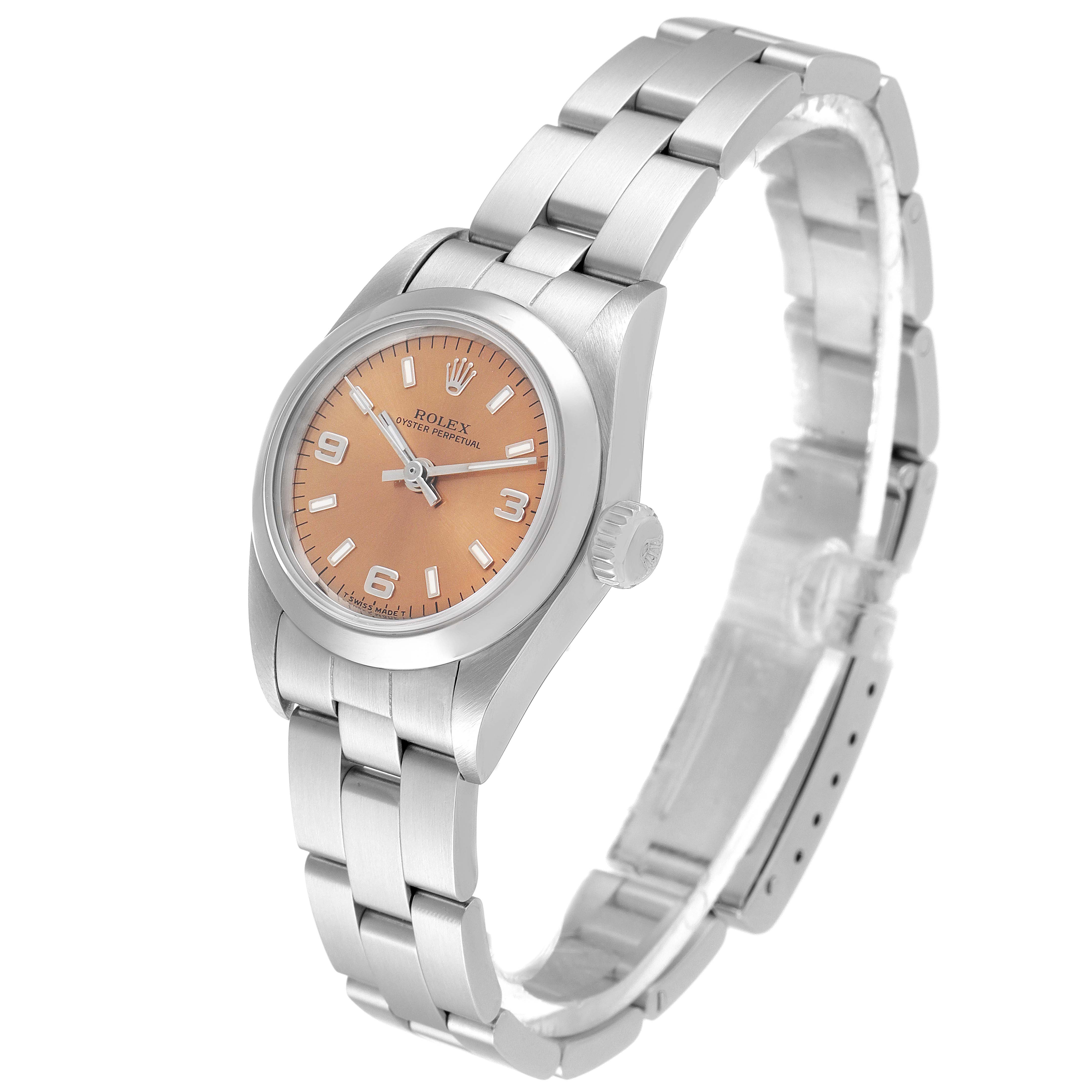 The image shows a front three-quarter view of a Rolex Oyster Perpetual 67180 Women
s Stainless Steel Pink Dial 67180 Women
s Stainless Steel Pink Dial watch, highlighting its face and bracelet.
