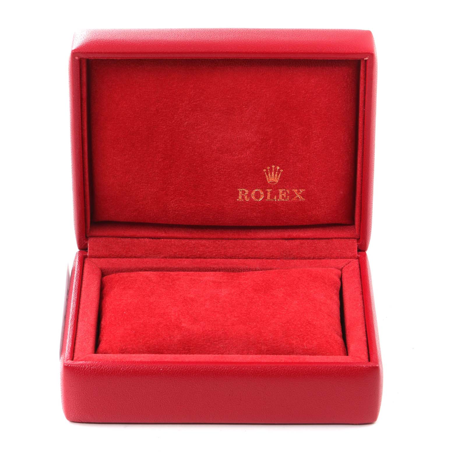The image shows an open red Rolex watch box, likely for an Oyster Perpetual model, with the brand logo inside the lid.