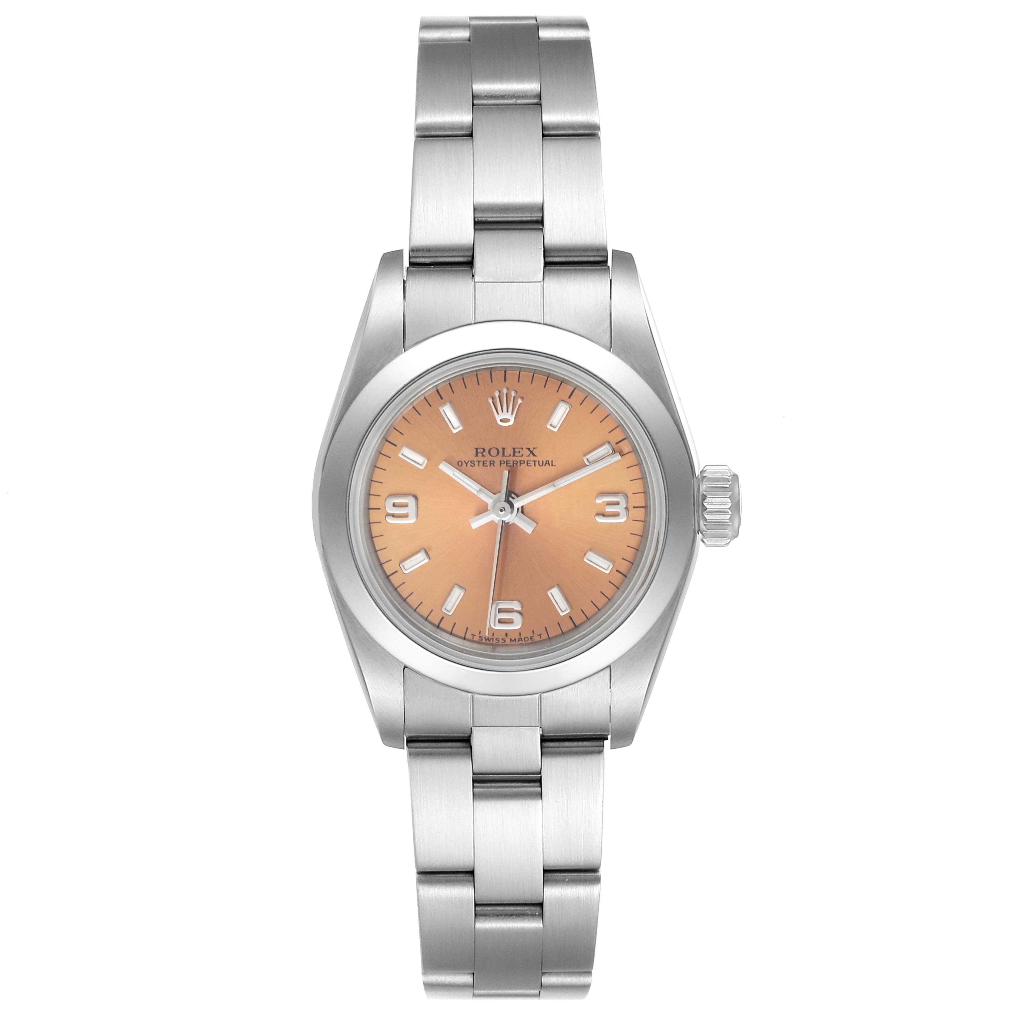 This is a front-facing view of a Rolex Oyster Perpetual 67180 Women
s Stainless Steel Pink Dial 67180 Women
s Stainless Steel Pink Dial watch, showing the dial, bezel, case, and bracelet.