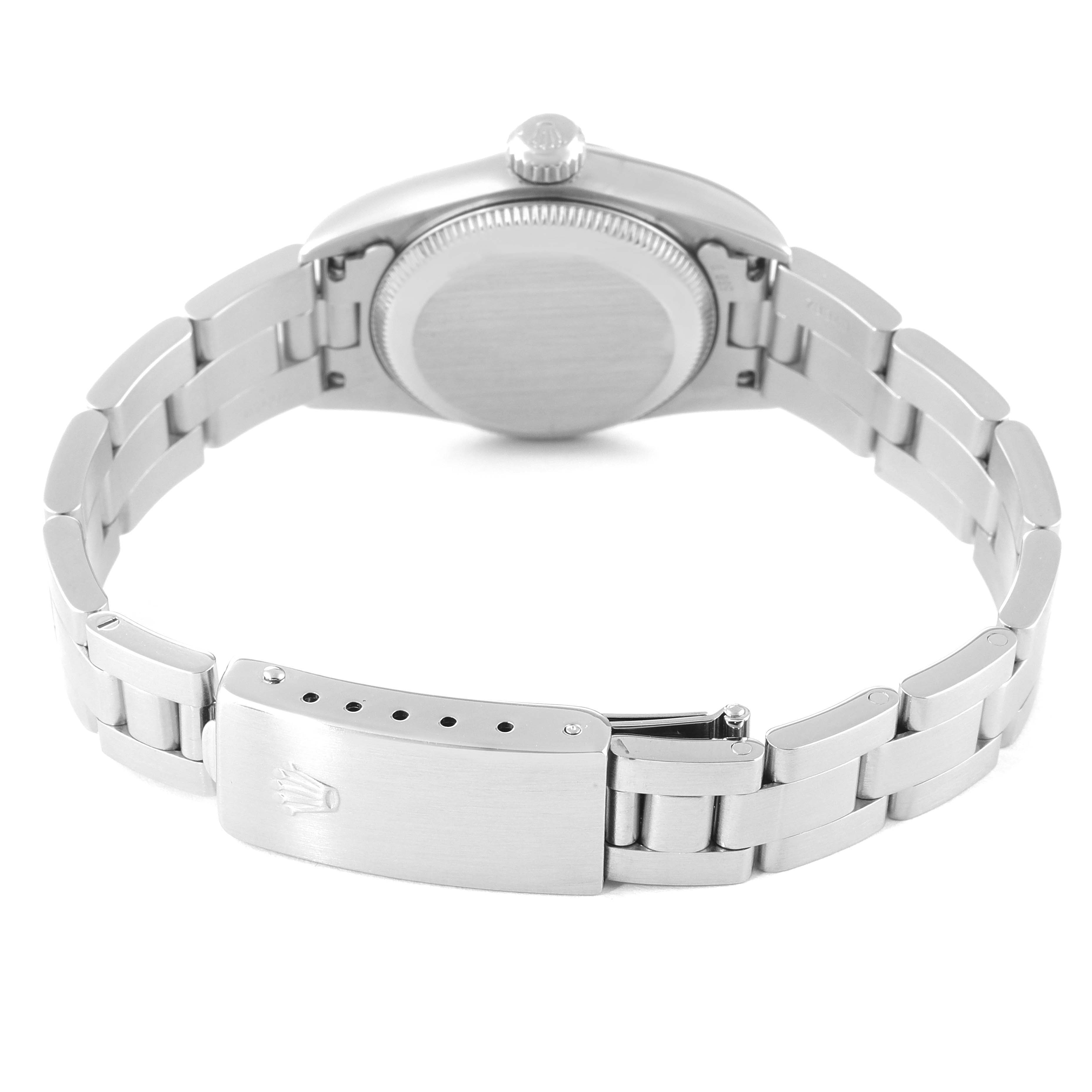 This image shows the back view of a Rolex Oyster Perpetual 67180 Women
s Stainless Steel Pink Dial 67180 Women
s Stainless Steel Pink Dial watch, displaying the case back and clasp.