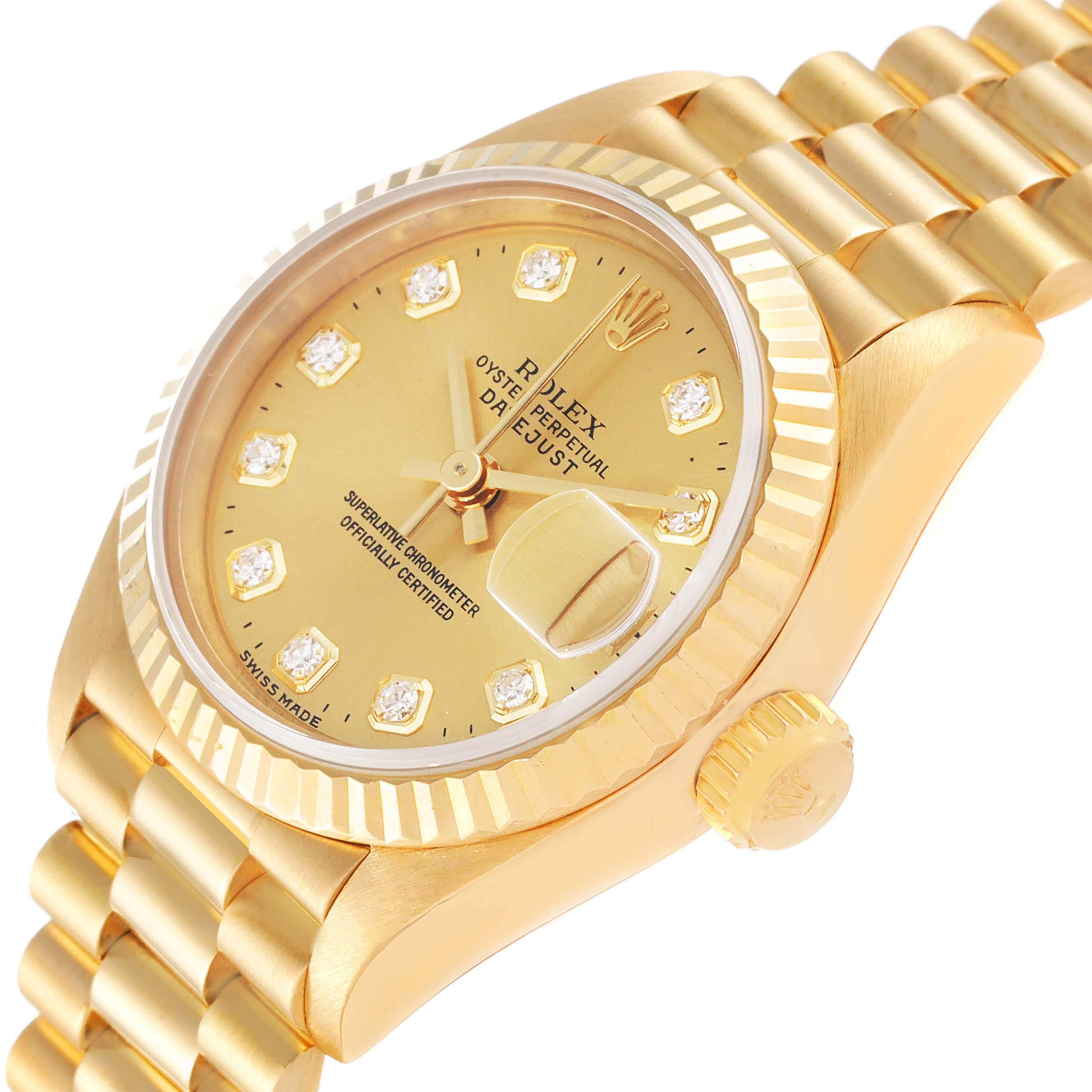 This image shows a side-angle view of a gold Rolex President 69178 Women
s Yellow Gold Champagne Dial 69178 Women
s Yellow Gold Champagne Dial model watch, highlighting the dial, bezel, and part of the bracelet.