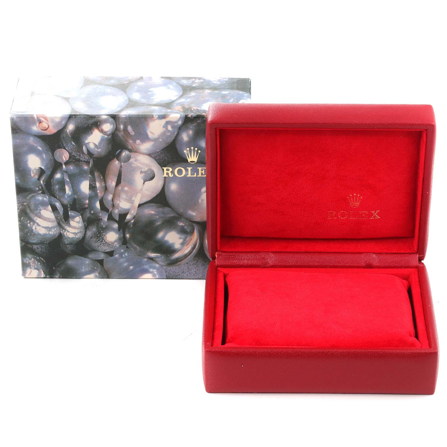 The image shows an empty red Rolex President 69178 Women
s Yellow Gold Champagne Dial 69178 Women
s Yellow Gold Champagne Dial watch box and its decorative outer packaging.