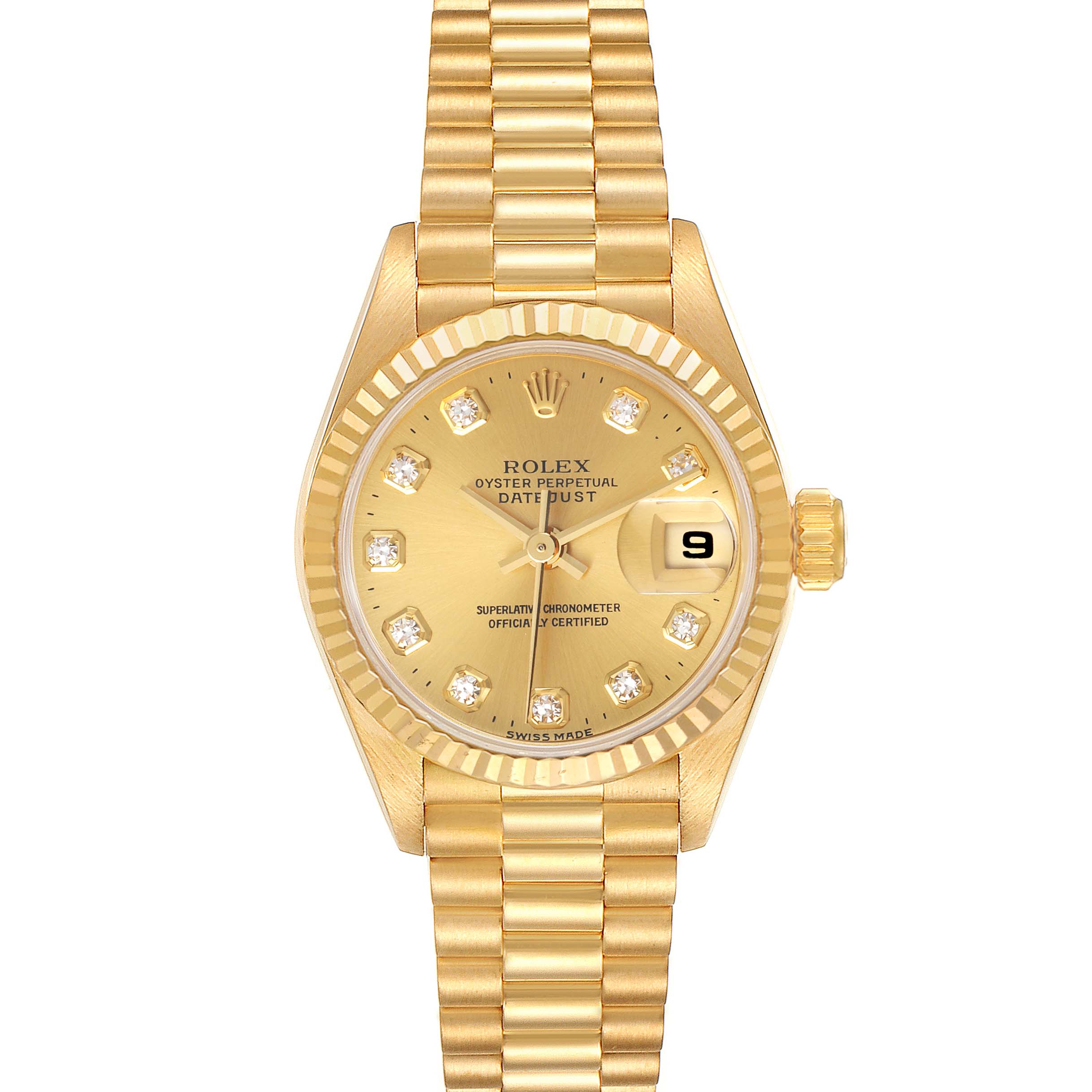This image shows a frontal view of a Rolex President 69178 Women
s Yellow Gold Champagne Dial 69178 Women
s Yellow Gold Champagne Dial model with a gold case, diamond indices, fluted bezel, and a date display.