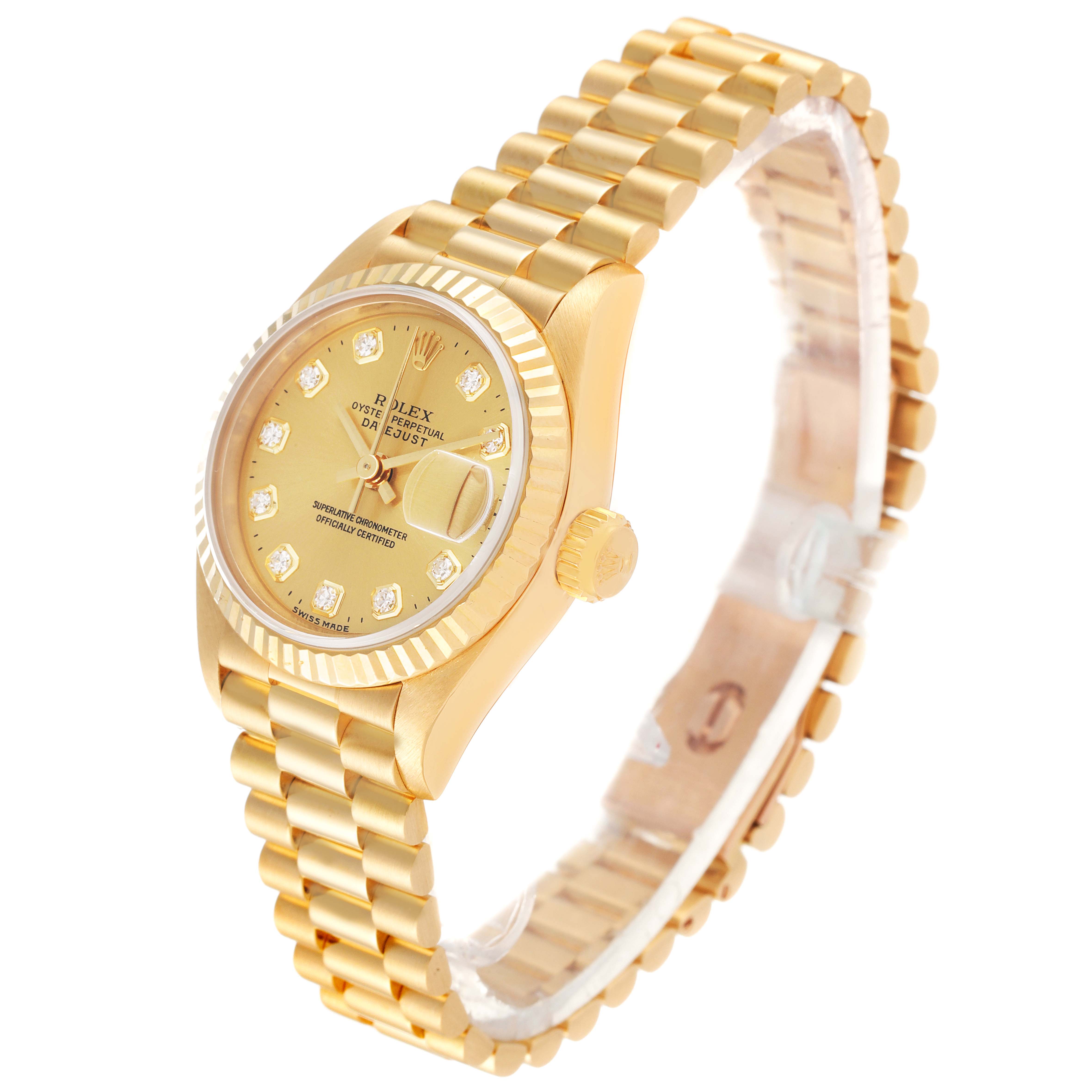The image shows a gold Rolex President 69178 Women
s Yellow Gold Champagne Dial 69178 Women
s Yellow Gold Champagne Dial model watch from a three-quarter angle, highlighting the watch face and bracelet.