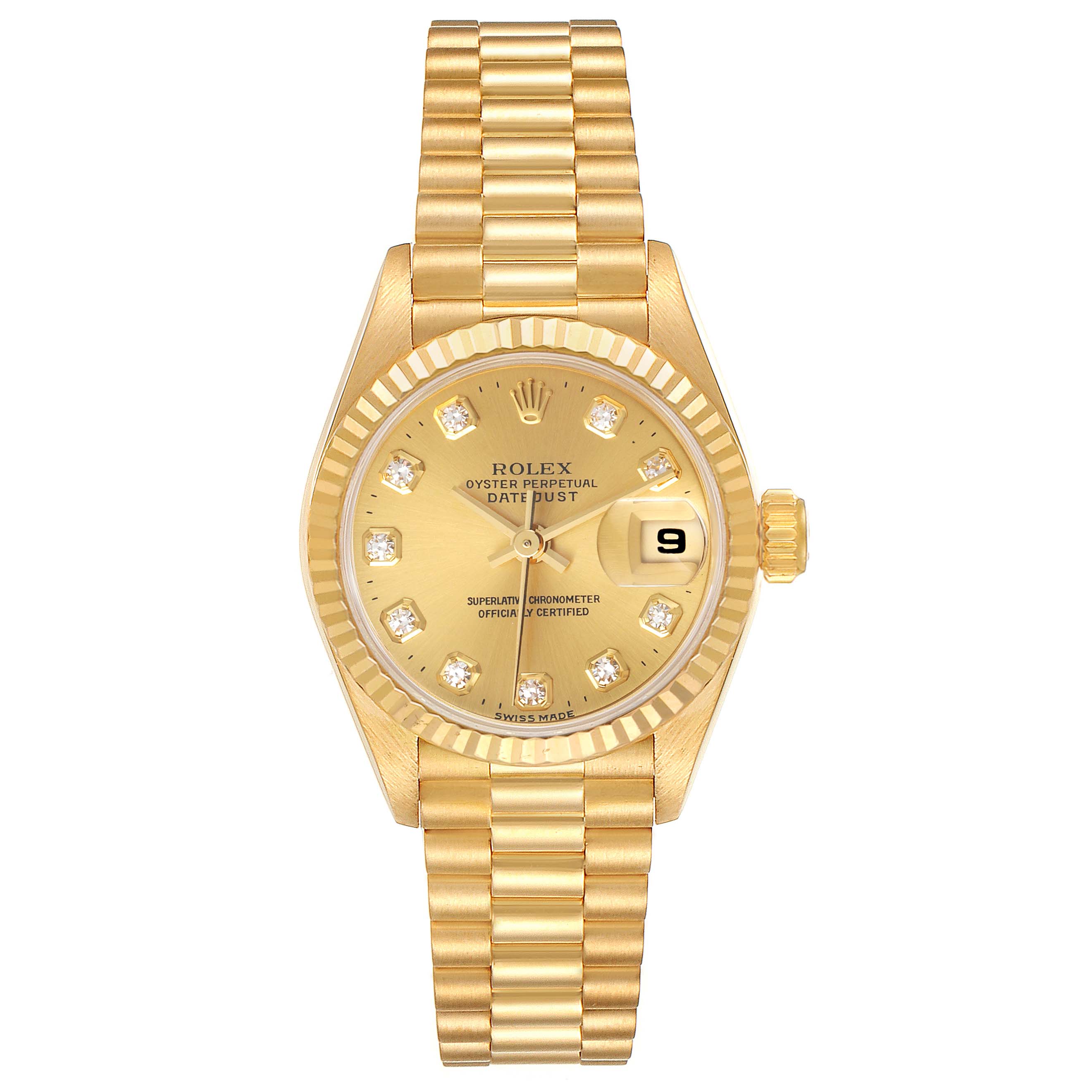 This image shows a front view of the Rolex President 69178 Women
s Yellow Gold Champagne Dial 69178 Women
s Yellow Gold Champagne Dial model watch, highlighting the gold bracelet, fluted bezel, and diamond hour markers.