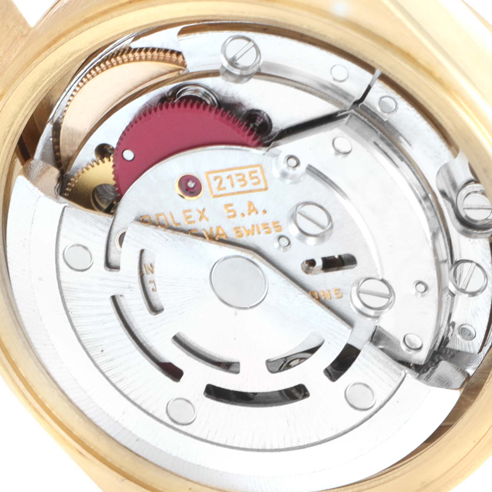 This image shows a close-up view of the movement inside a Rolex President 69178 Women
s Yellow Gold Champagne Dial 69178 Women
s Yellow Gold Champagne Dial model watch.