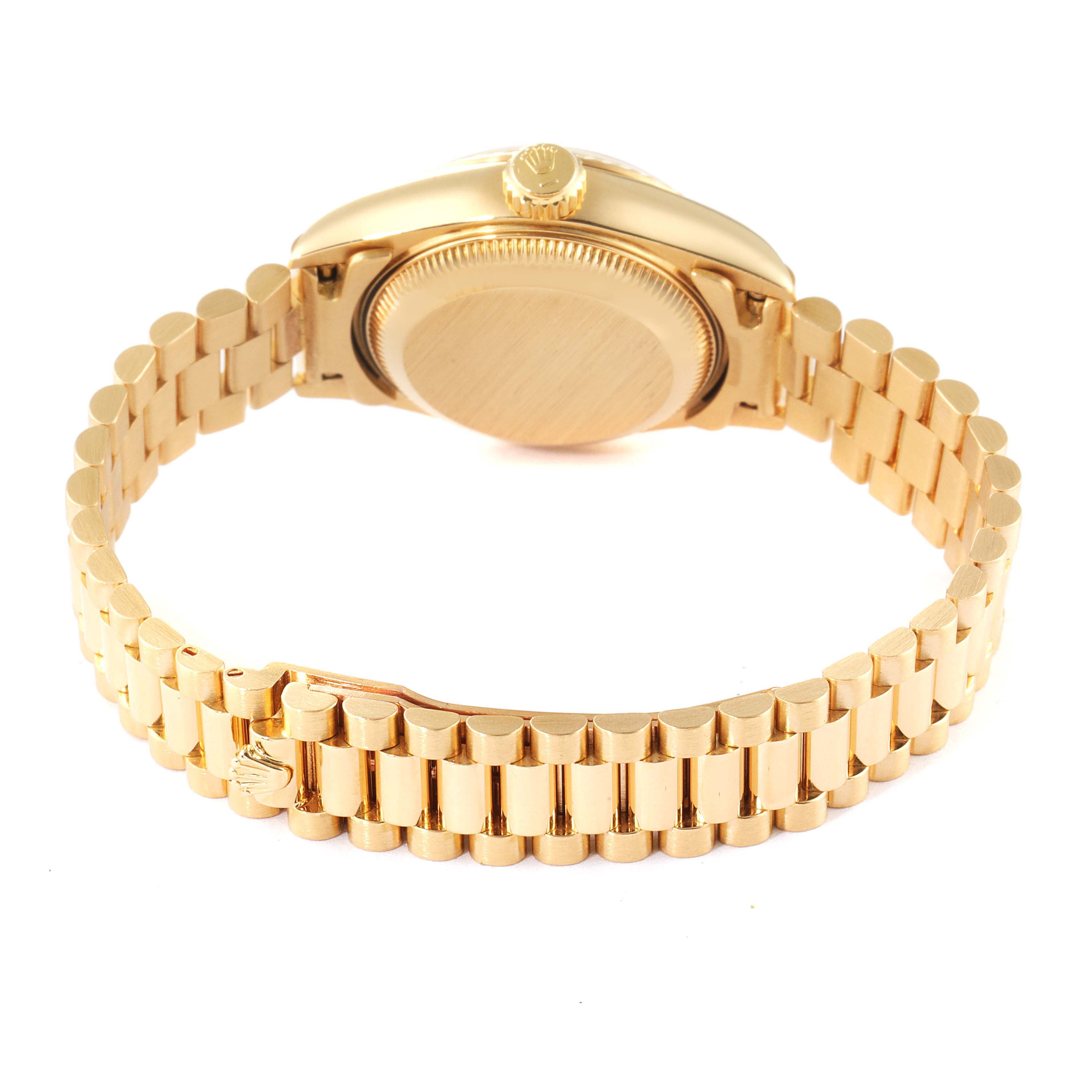 The image shows the back view of the Rolex President 69178 Women
s Yellow Gold Champagne Dial 69178 Women
s Yellow Gold Champagne Dial model, highlighting the Oyster case and gold bracelet.