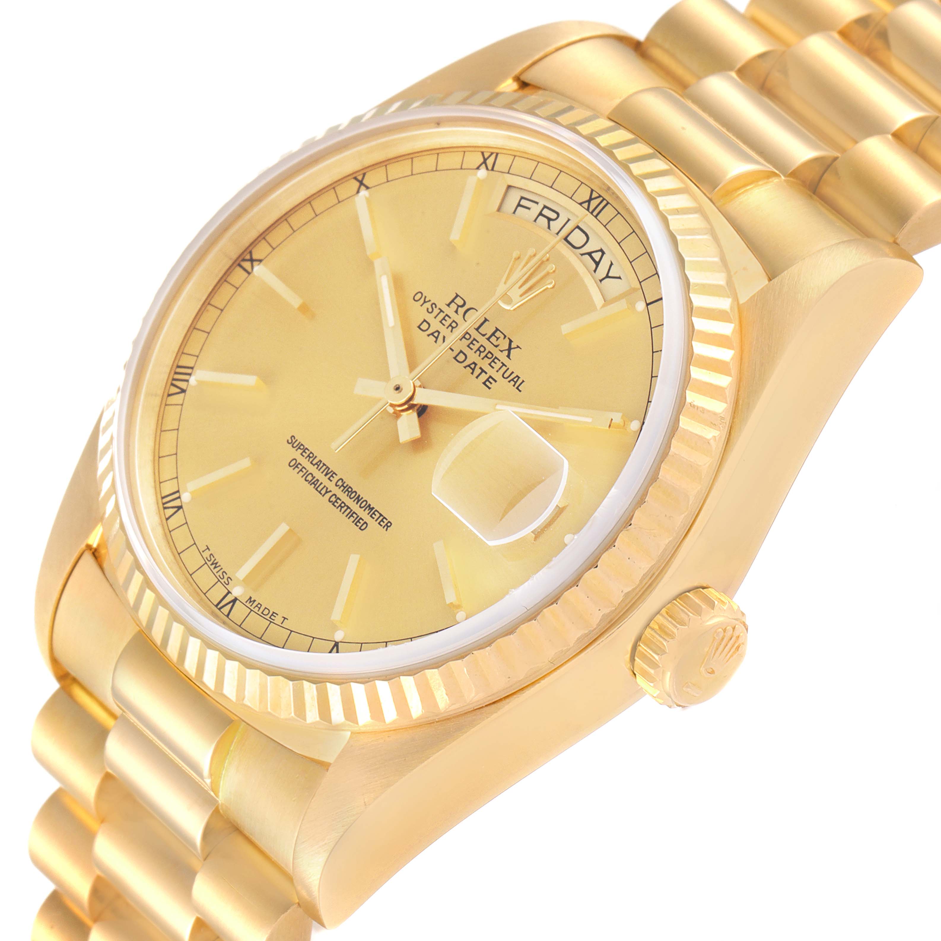 This image shows a close-up angle of the Rolex President 18038 Men
s Yellow Gold Champagne Dial 18038 Men
s Yellow Gold Champagne Dial model watch, highlighting the dial, crown, and part of the bracelet.