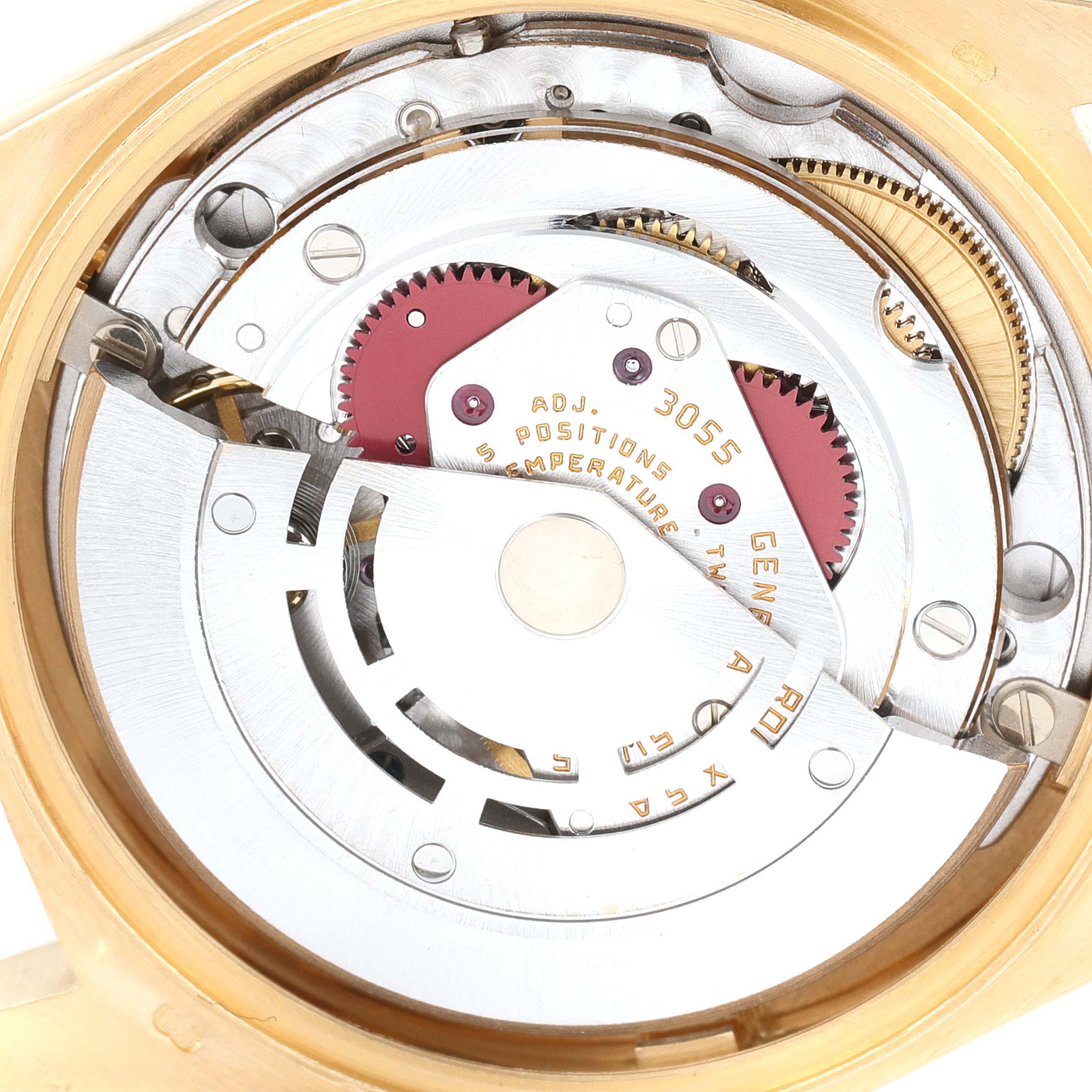 This image shows the internal mechanics of the Rolex President 18038 Men
s Yellow Gold Champagne Dial 18038 Men
s Yellow Gold Champagne Dial model watch, specifically its movement and gears.