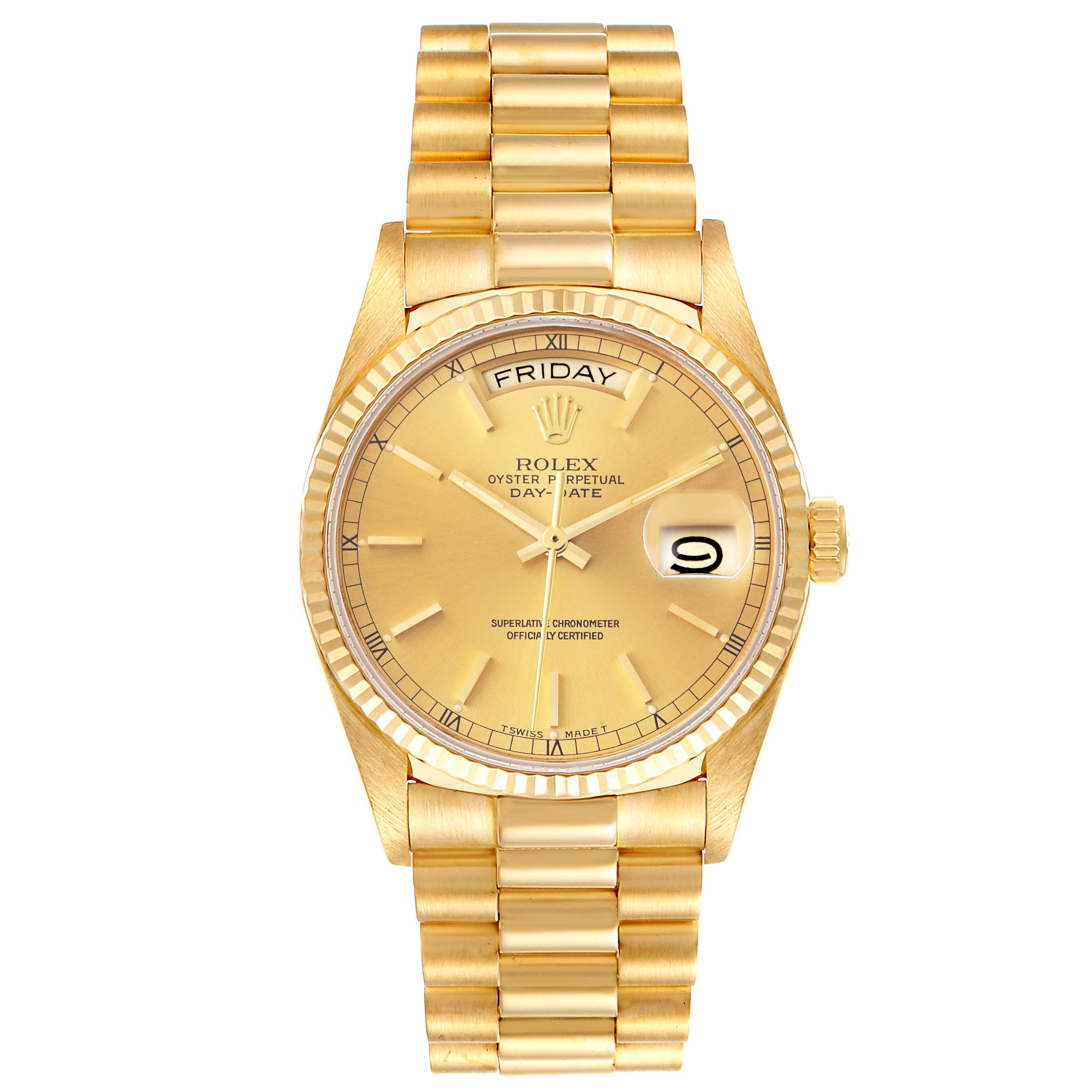 The image shows a Rolex President 18038 Men
s Yellow Gold Champagne Dial 18038 Men
s Yellow Gold Champagne Dial model watch from a front-view angle, displaying its dial, day, date, bezel, and bracelet.
