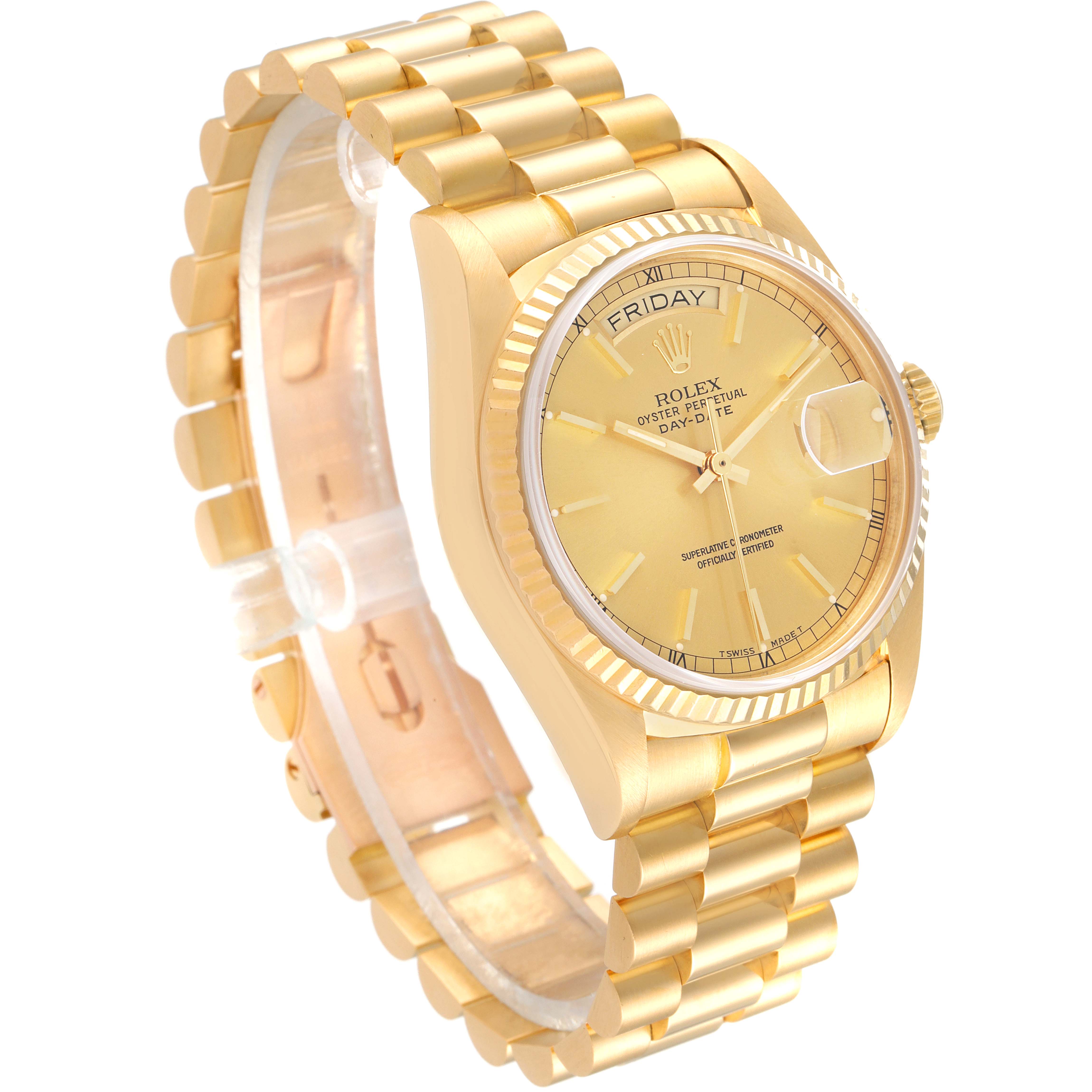 This image shows a Rolex President 18038 Men
s Yellow Gold Champagne Dial 18038 Men
s Yellow Gold Champagne Dial model watch from an angled view, highlighting its gold bracelet, case, and dial.