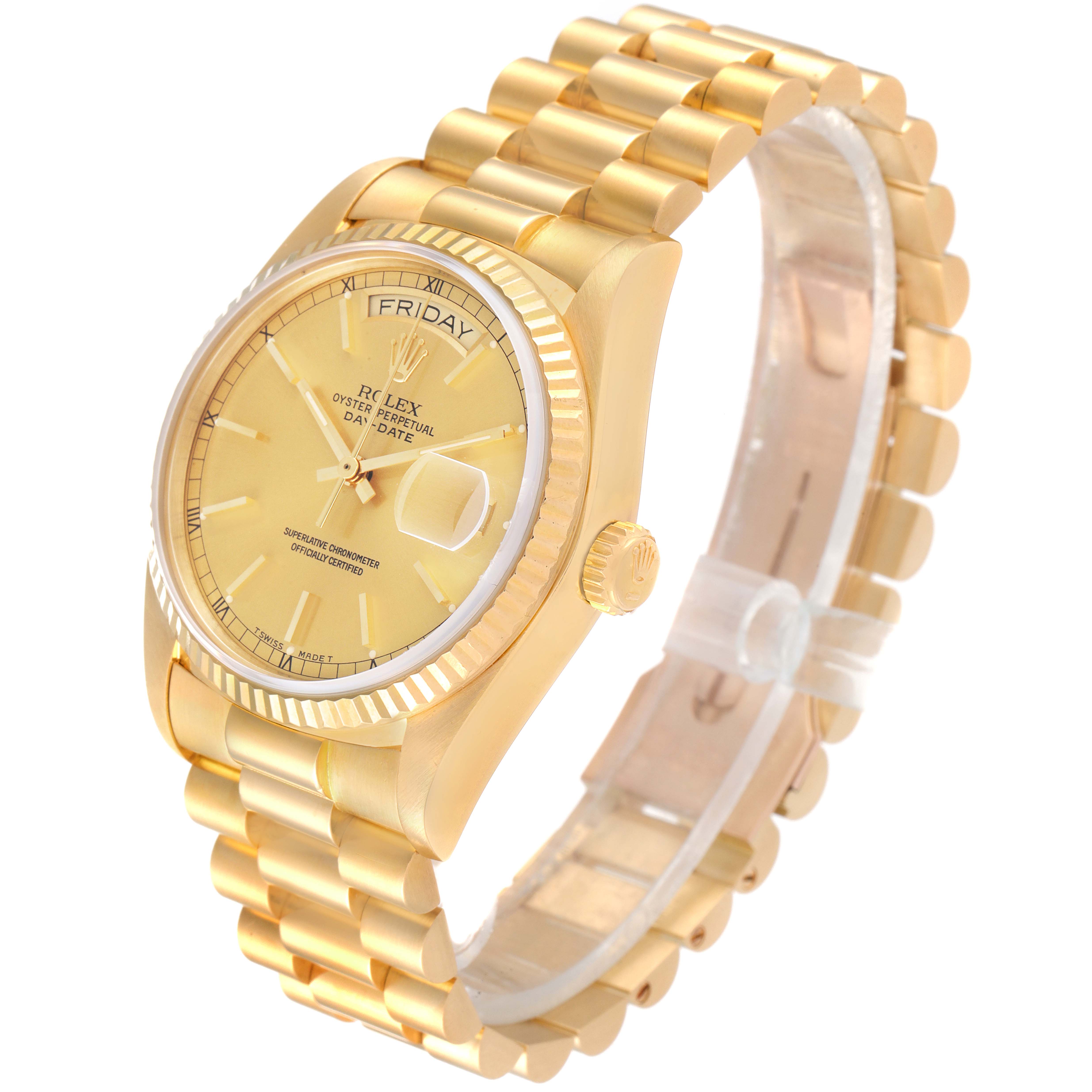 The Rolex President 18038 Men
s Yellow Gold Champagne Dial 18038 Men
s Yellow Gold Champagne Dial model watch is shown at a three-quarter angle, displaying the dial, bracelet, and side crown.