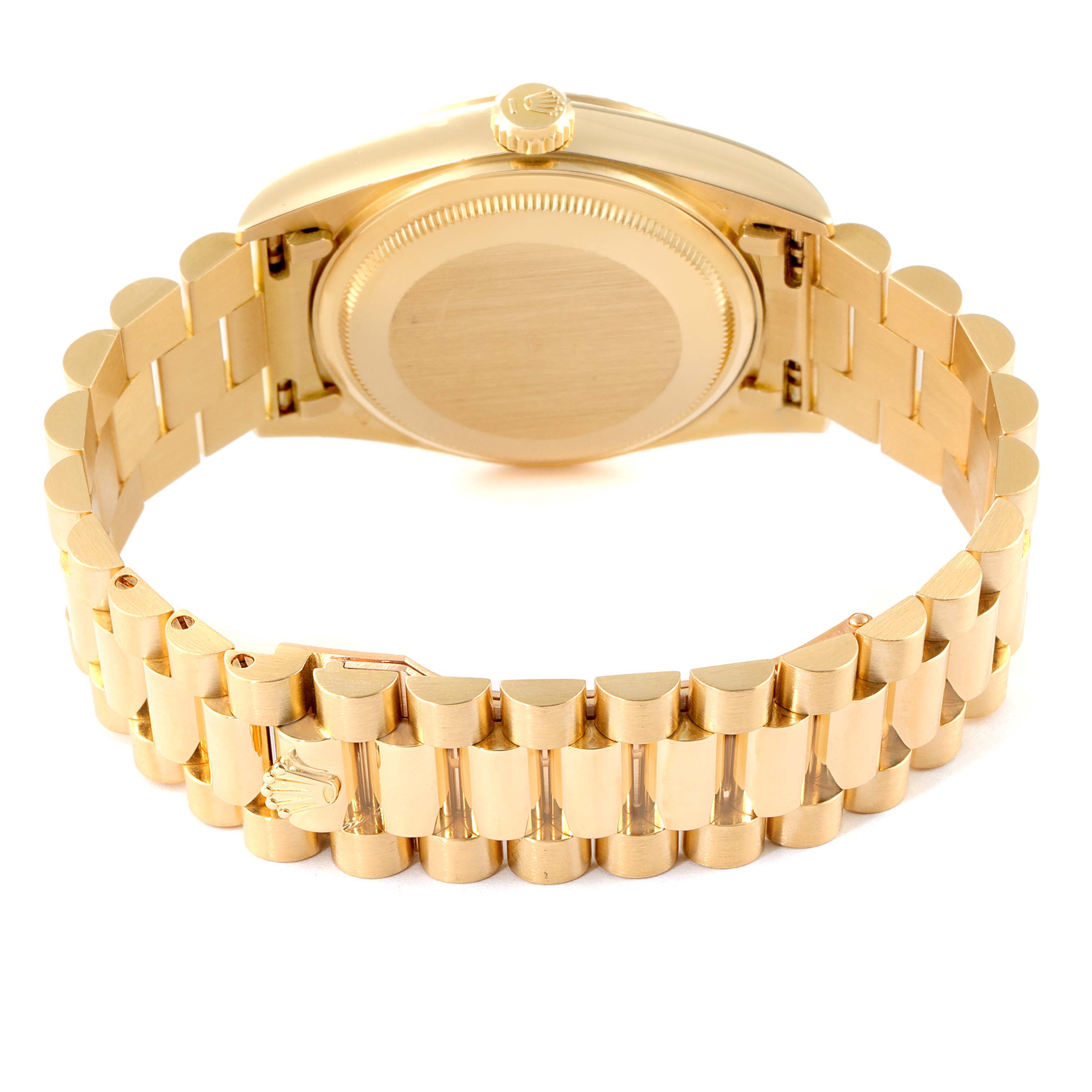 The image shows the back case and bracelet of a Rolex President 18038 Men
s Yellow Gold Champagne Dial 18038 Men
s Yellow Gold Champagne Dial model watch at an angle.