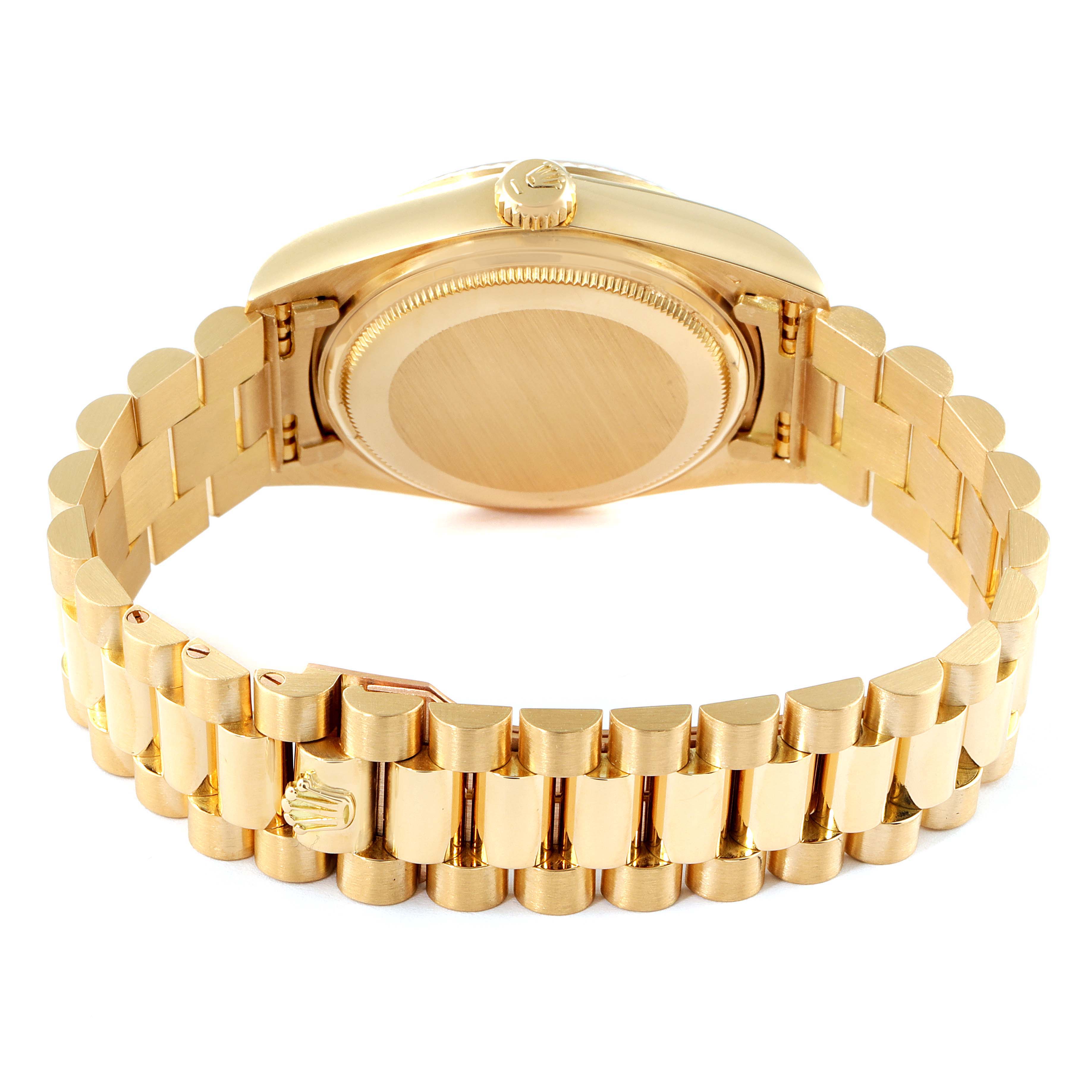 The image shows the back view and bracelet of a Rolex President 18038 Men's Yellow Gold Champagne Dial 18038 Men's Yellow Gold Champagne Dial model watch.