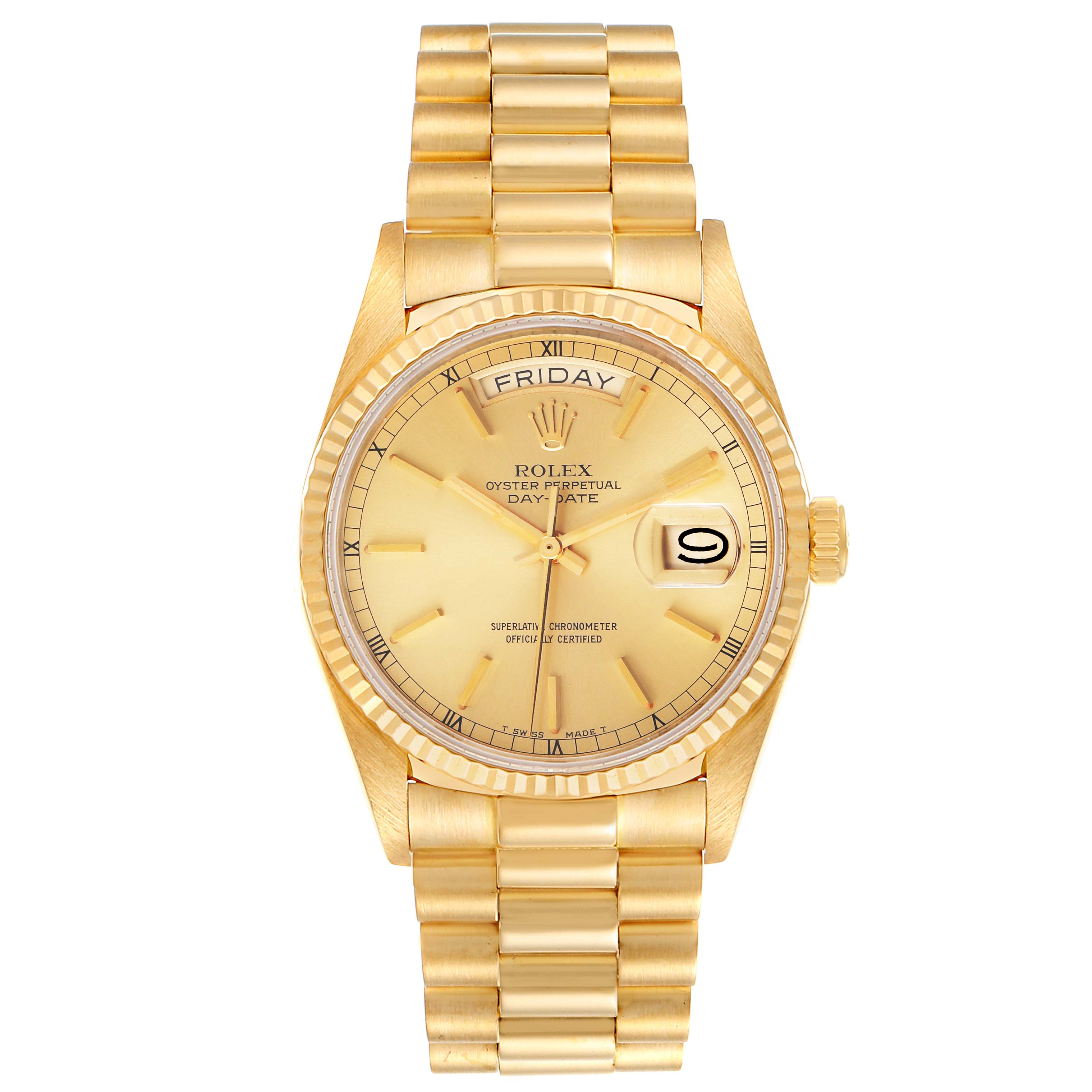 The image shows a frontal view of a Rolex President 18038 Men's Yellow Gold Champagne Dial 18038 Men's Yellow Gold Champagne Dial model watch featuring a gold bracelet, dial, and day-date display.