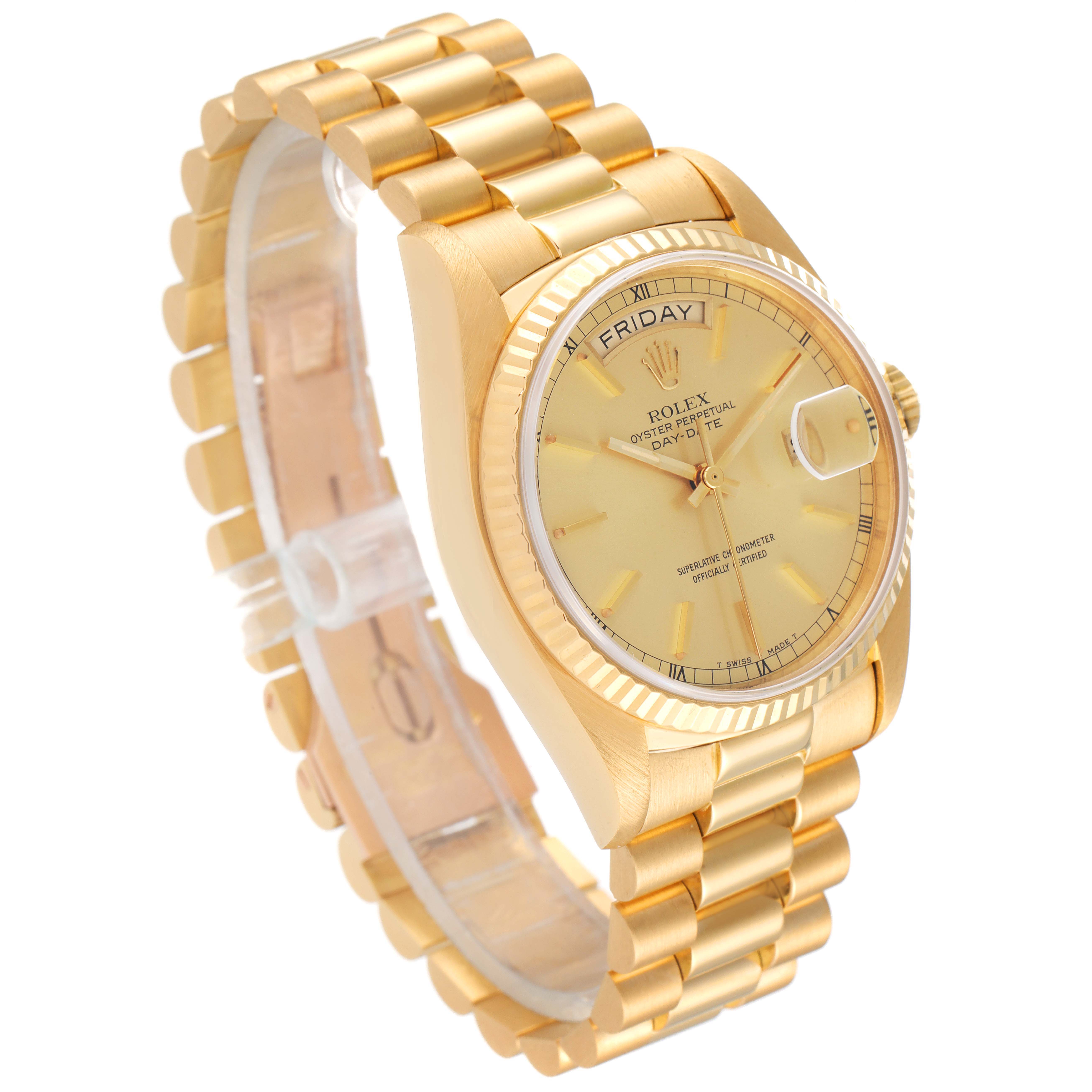 This image shows a gold Rolex President 18038 Men's Yellow Gold Champagne Dial 18038 Men's Yellow Gold Champagne Dial model watch at a slight side angle, displaying the bracelet and dial.