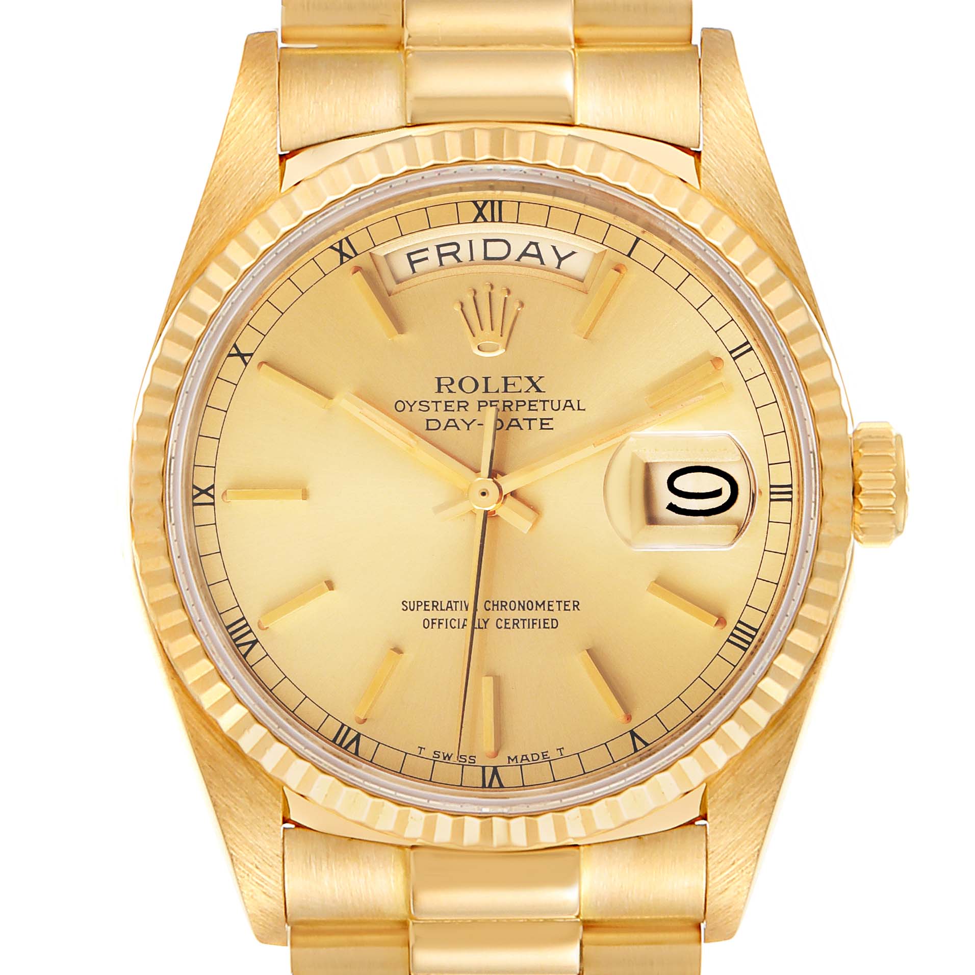 The image shows a front view of the Rolex President 18038 Men's Yellow Gold Champagne Dial 18038 Men's Yellow Gold Champagne Dial Day-Date watch, highlighting its gold case, dial, and bracelet.