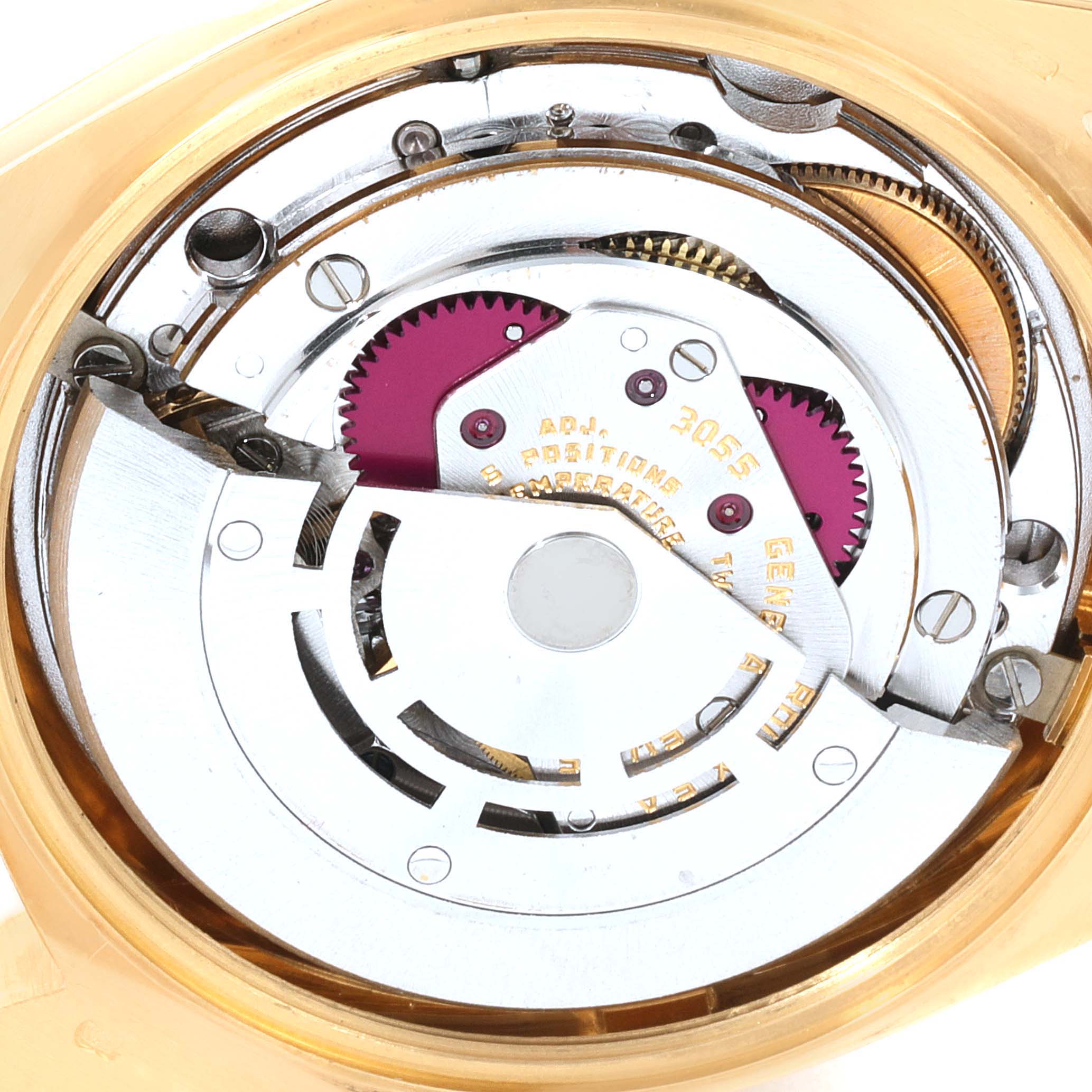 This image shows the internal mechanics and movement components of a Rolex President 18038 Men's Yellow Gold Champagne Dial 18038 Men's Yellow Gold Champagne Dial model watch.