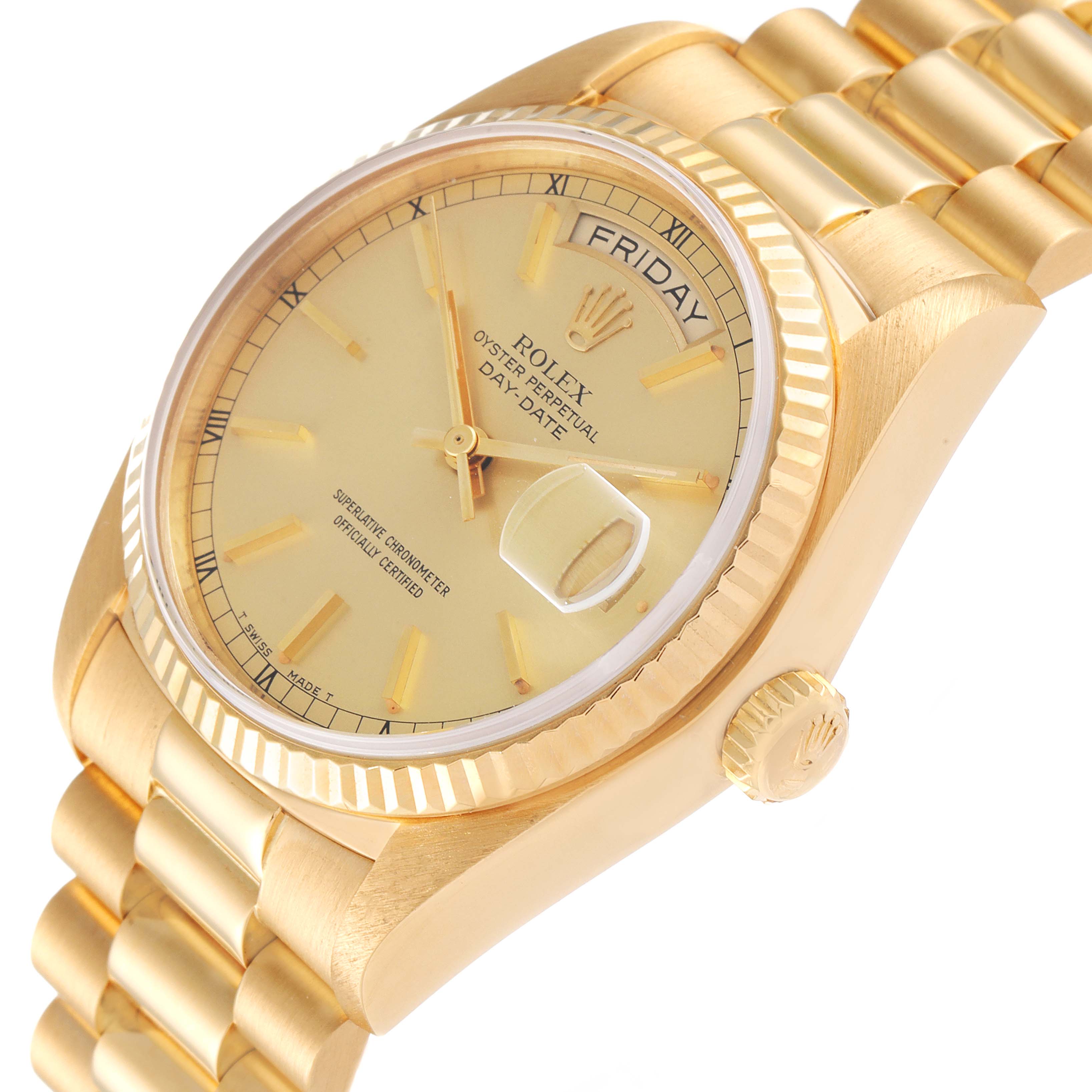 The Rolex President 18038 Men's Yellow Gold Champagne Dial 18038 Men's Yellow Gold Champagne Dial model watch is shown at a slight angle, highlighting the dial, bezel, crown, and part of the bracelet.