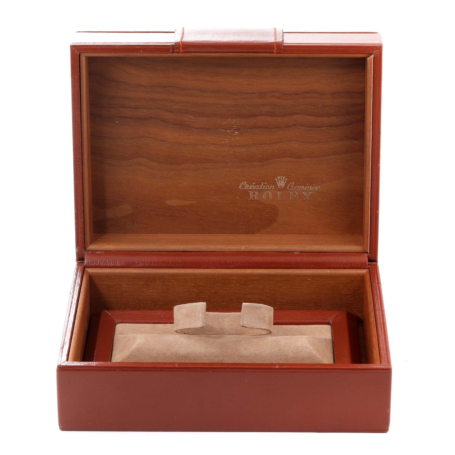 The image shows an open box for a Rolex President 18038 Men's Yellow Gold Champagne Dial 18038 Men's Yellow Gold Champagne Dial watch, displaying the interior with a cushioned insert.