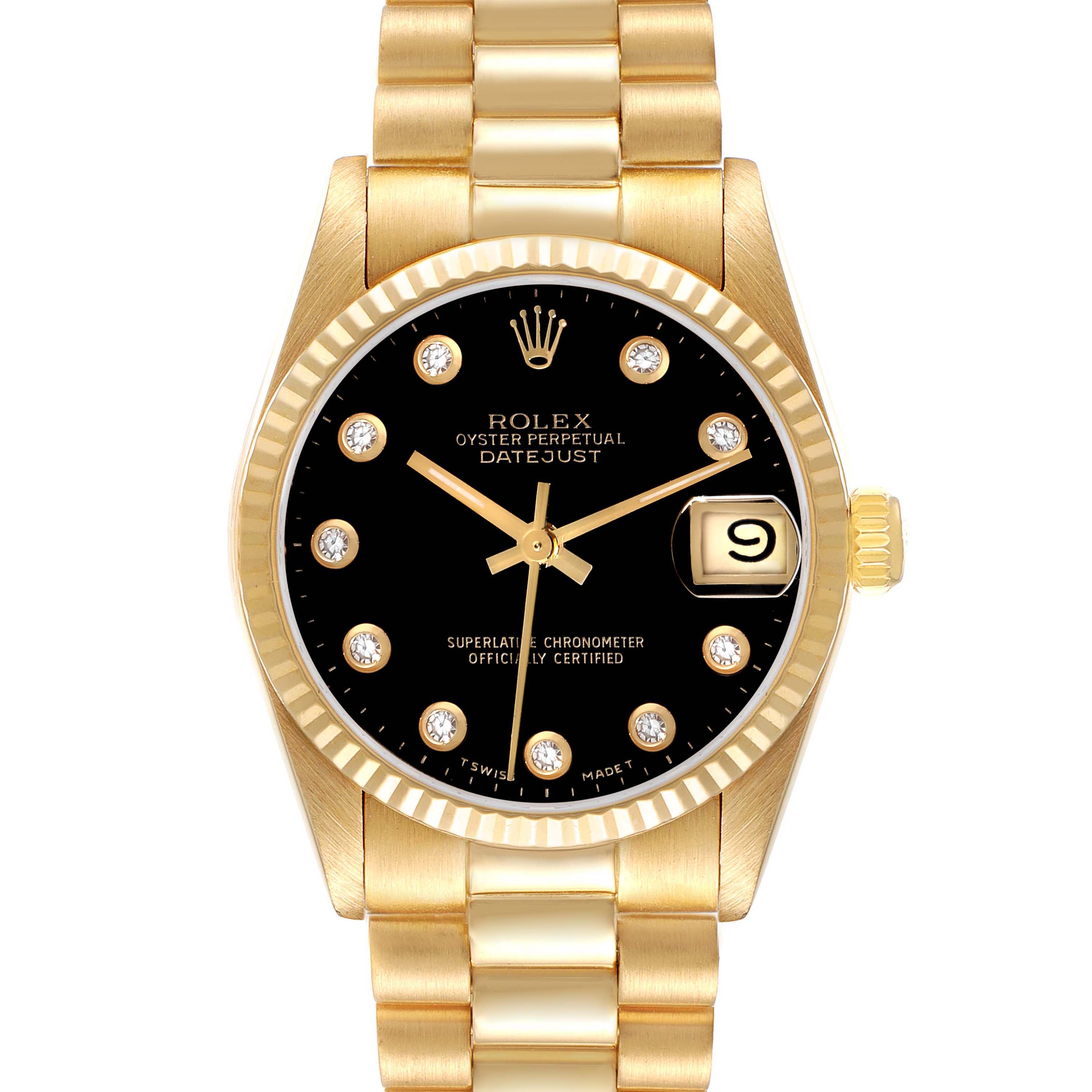 The image shows a front view of a Rolex President 68278G Women's Yellow Gold Black Dial 68278G Women's Yellow Gold Black Dial model watch, focusing on its gold band, black dial, and date window.