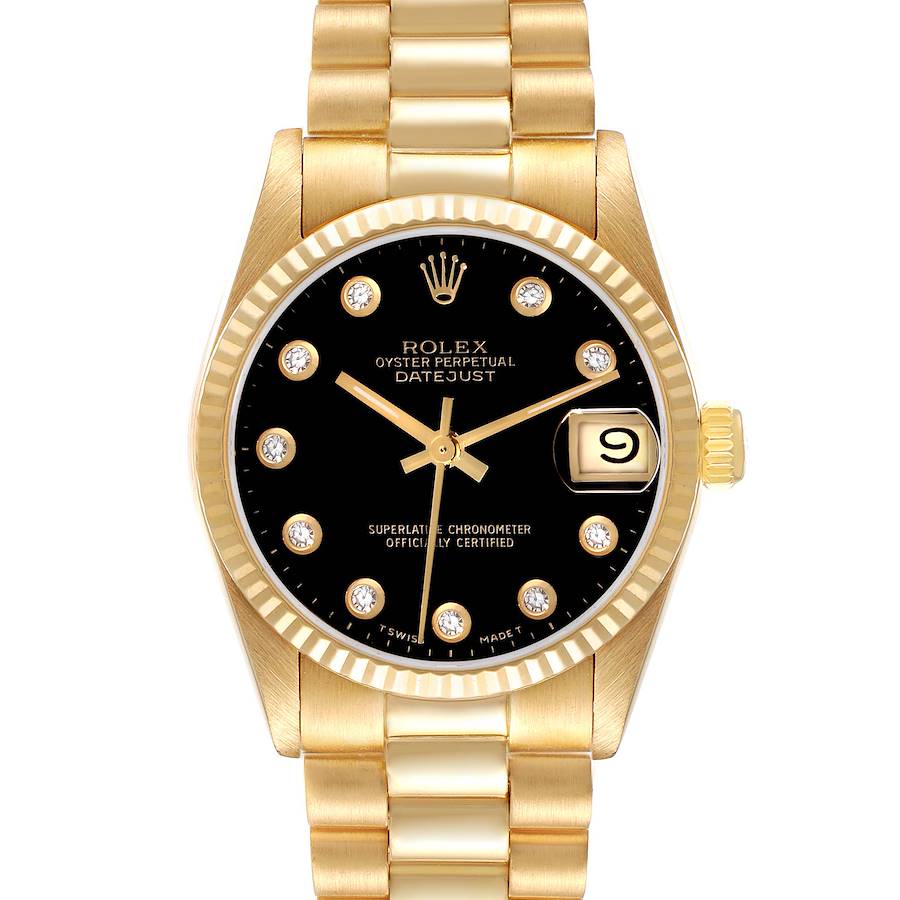 Rolex President Midsize Yellow Gold Onyx Diamond Dial Ladies Watch 68278 SwissWatchExpo