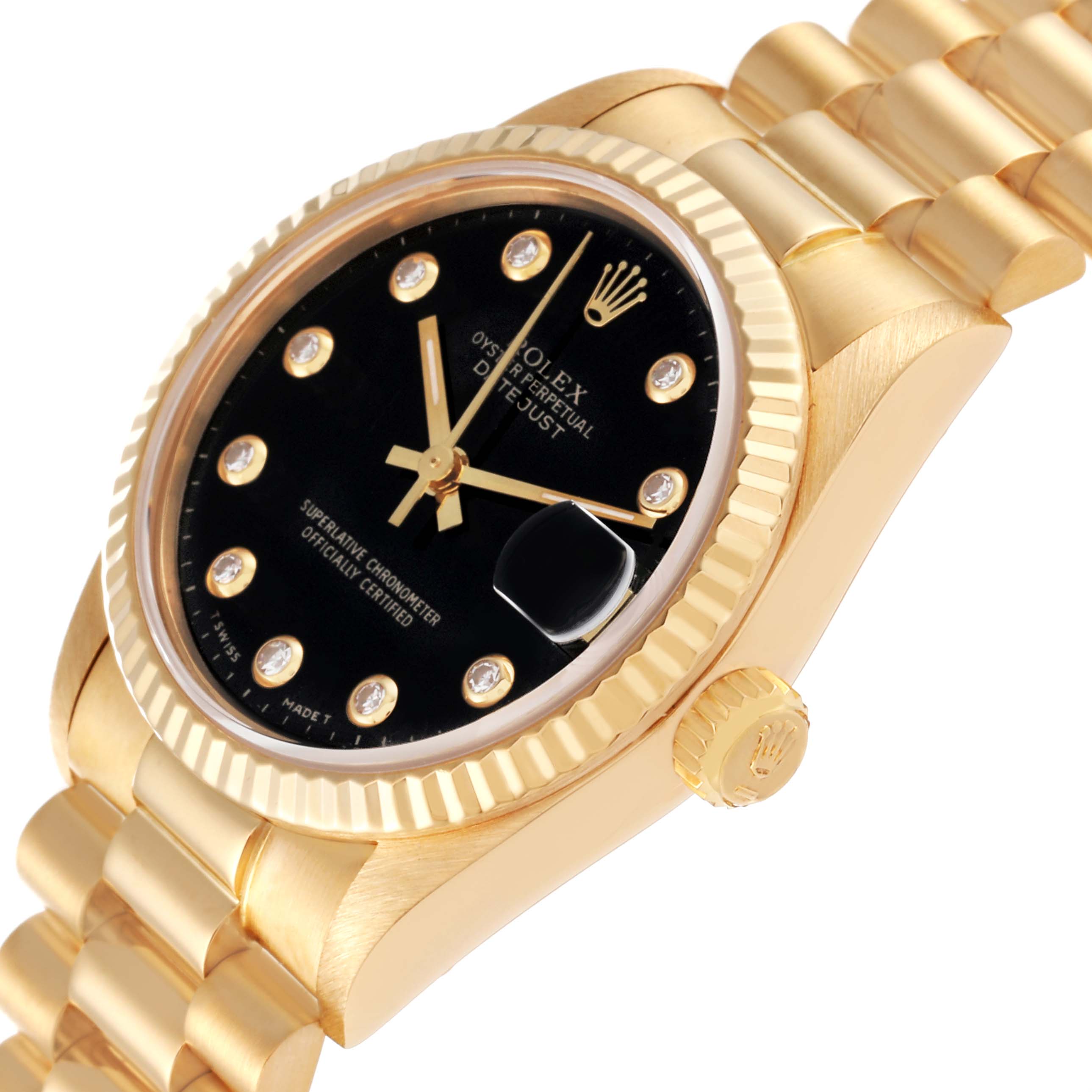 The image shows a Rolex President 68278G Women's Yellow Gold Black Dial 68278G Women's Yellow Gold Black Dial model watch from an angled view, highlighting the gold case, bracelet, black dial, and crown.