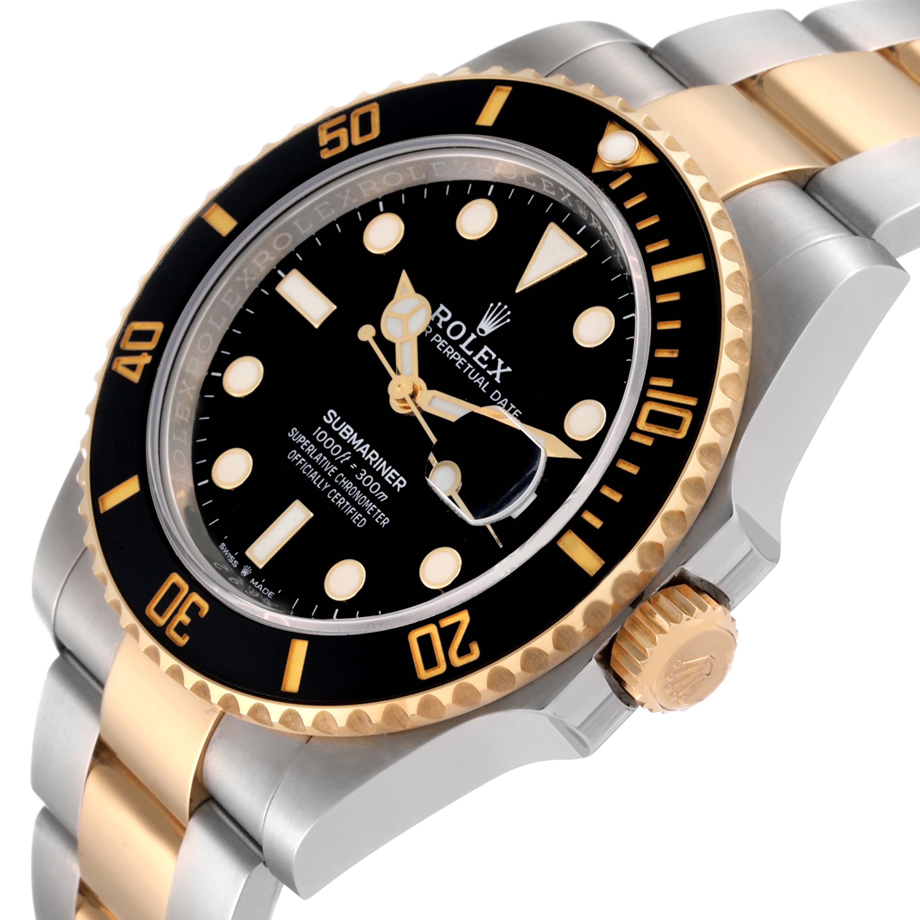 The image shows a close-up angled view of the Rolex Submariner 126613LN Men's Steel and Gold (two tone) Black Dial 126613LN Men's Steel and Gold (two tone) Black Dial watch, highlighting the bezel, dial, crown, and bracelet.