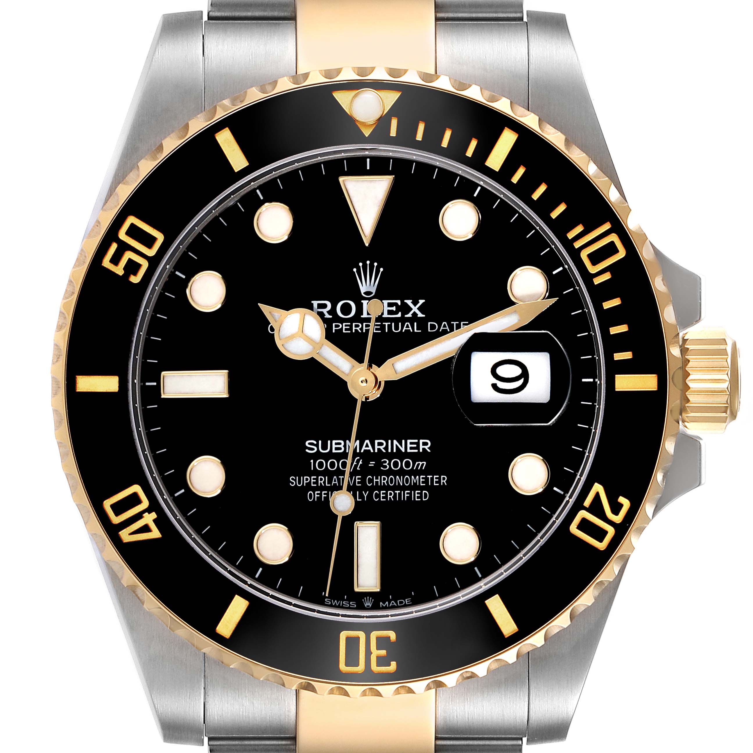 The image shows a front view of a Rolex Submariner 126613LN Men's Steel and Gold (two tone) Black Dial 126613LN Men's Steel and Gold (two tone) Black Dial watch, highlighting its dial, bezel, date window, and crown.