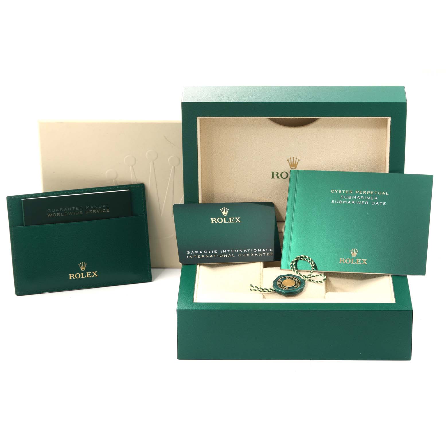 The image shows packaging and accessories for a Rolex Submariner 126613LN Men's Steel and Gold (two tone) Black Dial 126613LN Men's Steel and Gold (two tone) Black Dial, including the box, manuals, and guarantee card.