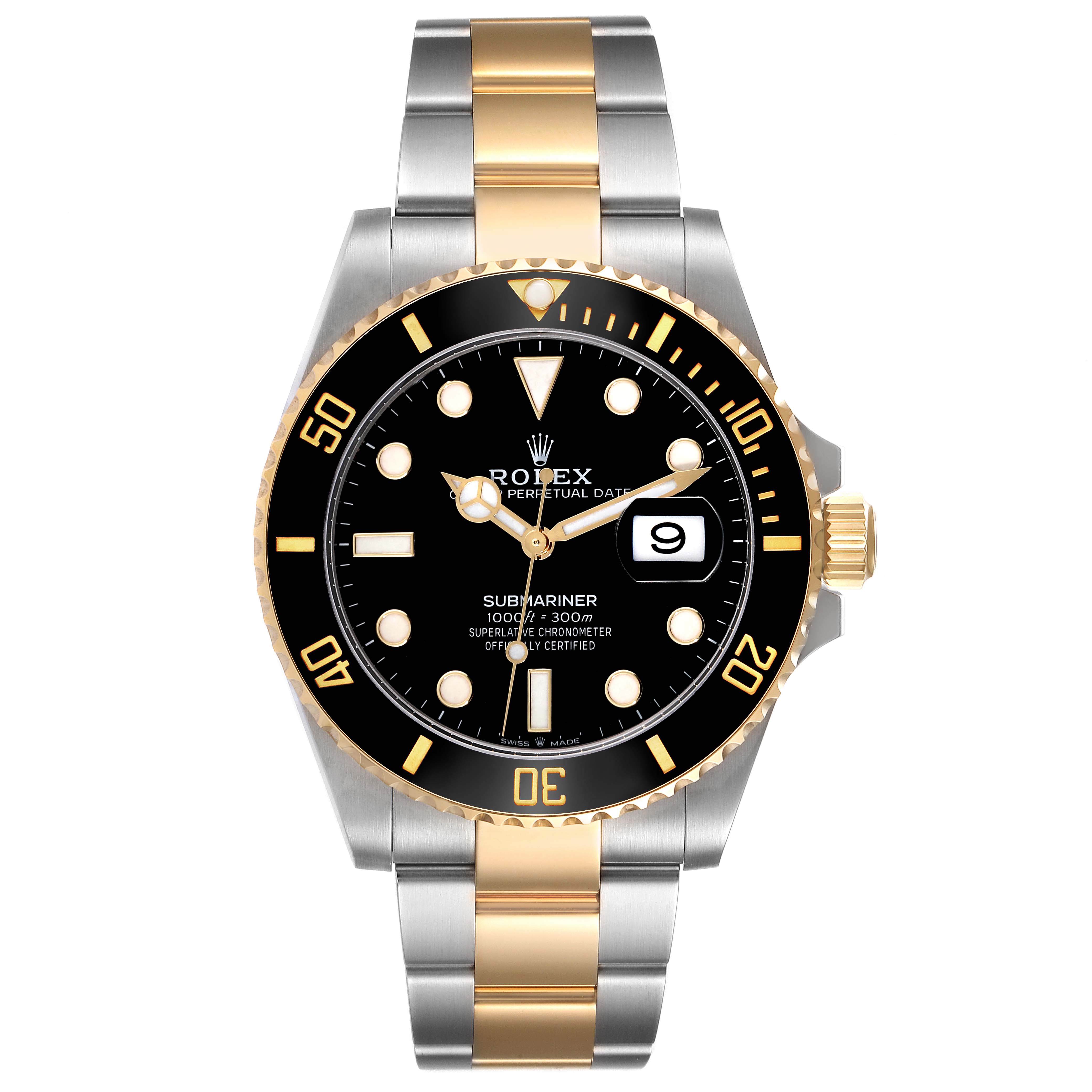 The image shows a front view of the Rolex Submariner 126613LN Men's Steel and Gold (two tone) Black Dial 126613LN Men's Steel and Gold (two tone) Black Dial watch, highlighting its dial, bezel, bracelet, and crown.